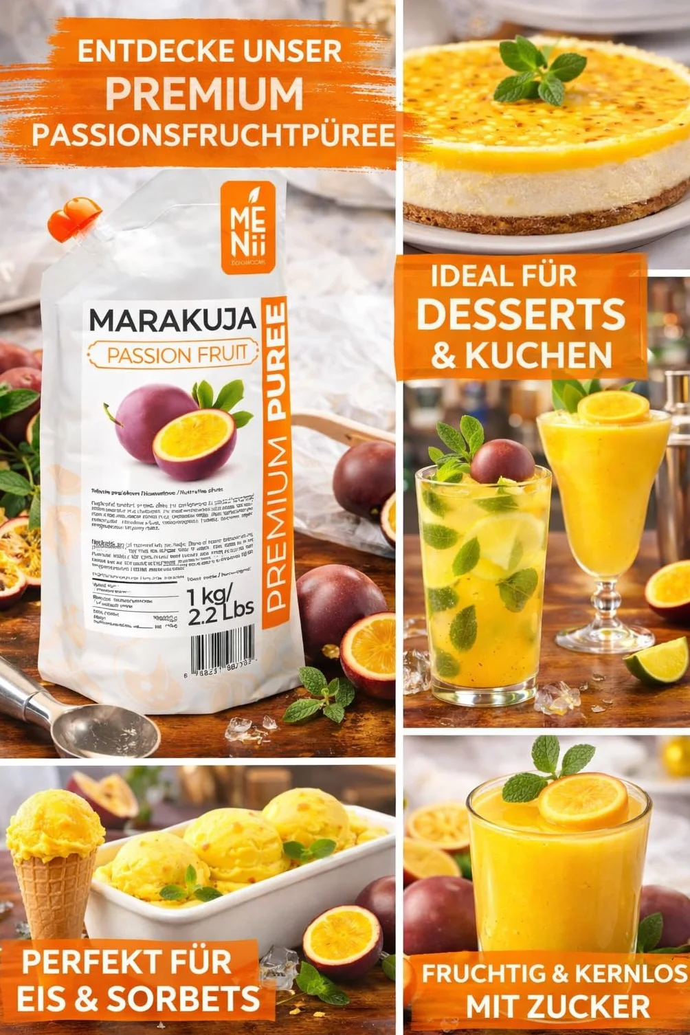 Puré de Maracuyá 1 kg – Fruta de la Pasión para Smoothies, Cócteles, Postres, Helados y Repostería – Sabor Tropical Intenso – Puré Premium