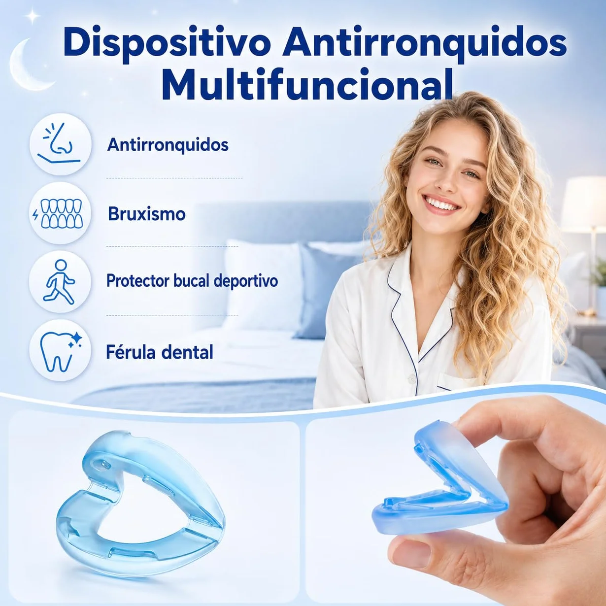 Férula Antirronquidos Ajustable, Dispositivo de Avance Mandibular Termomoldeable