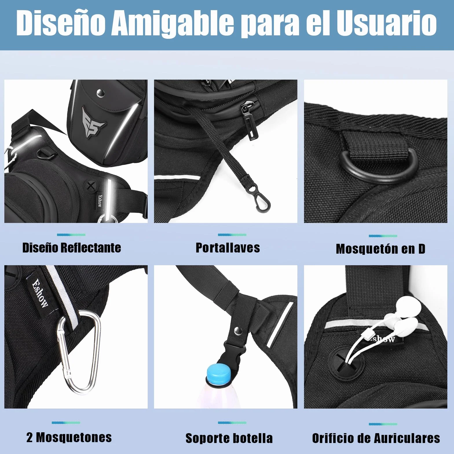 Eshow Pernera Moto Ampliable con Portabotella y Tira Reflectante para Ciclismo Montañismo Senderismo Negro