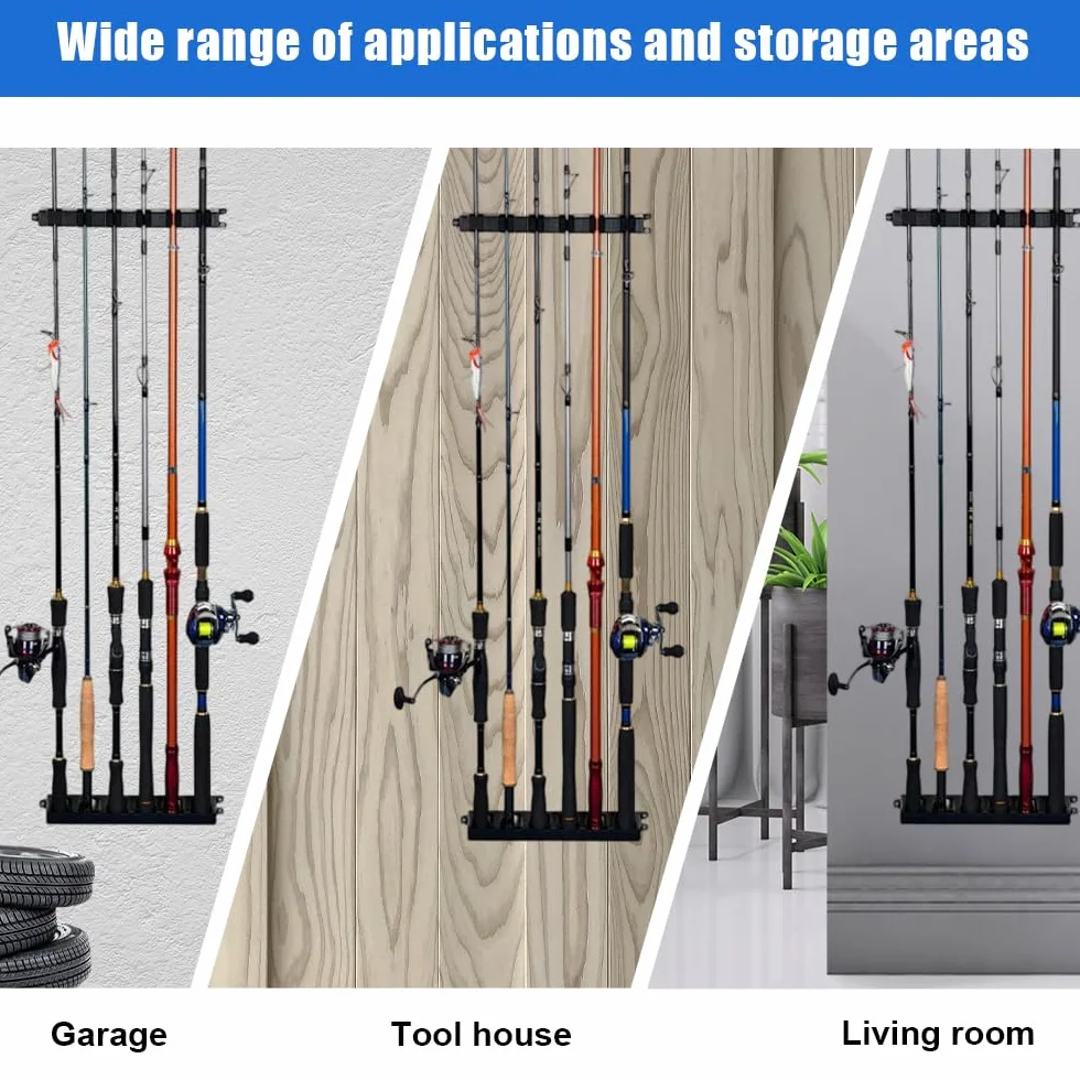 Soportes para caña de pescar vertical y horizontal – Estantería de pared para 6 polos, estante de almacenamiento Rod Rack negro