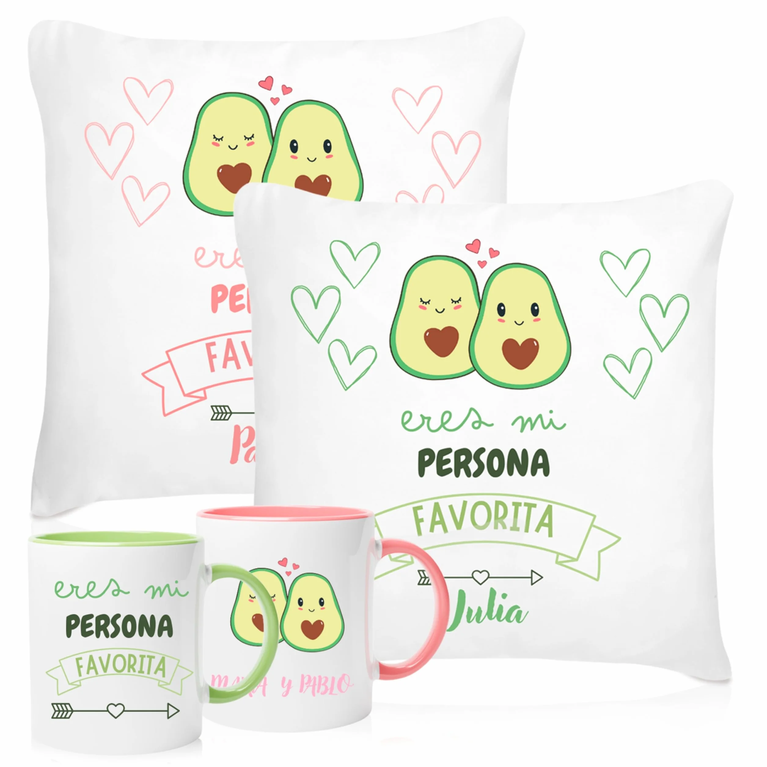 Regalo Personalizado San Valentín | Pack 2 Tazas y 2 Cojines - Aguacates | Regalos Originales Mujer Hombre | Regalos para Parejas, Novia, Novio | Detalles Románticos