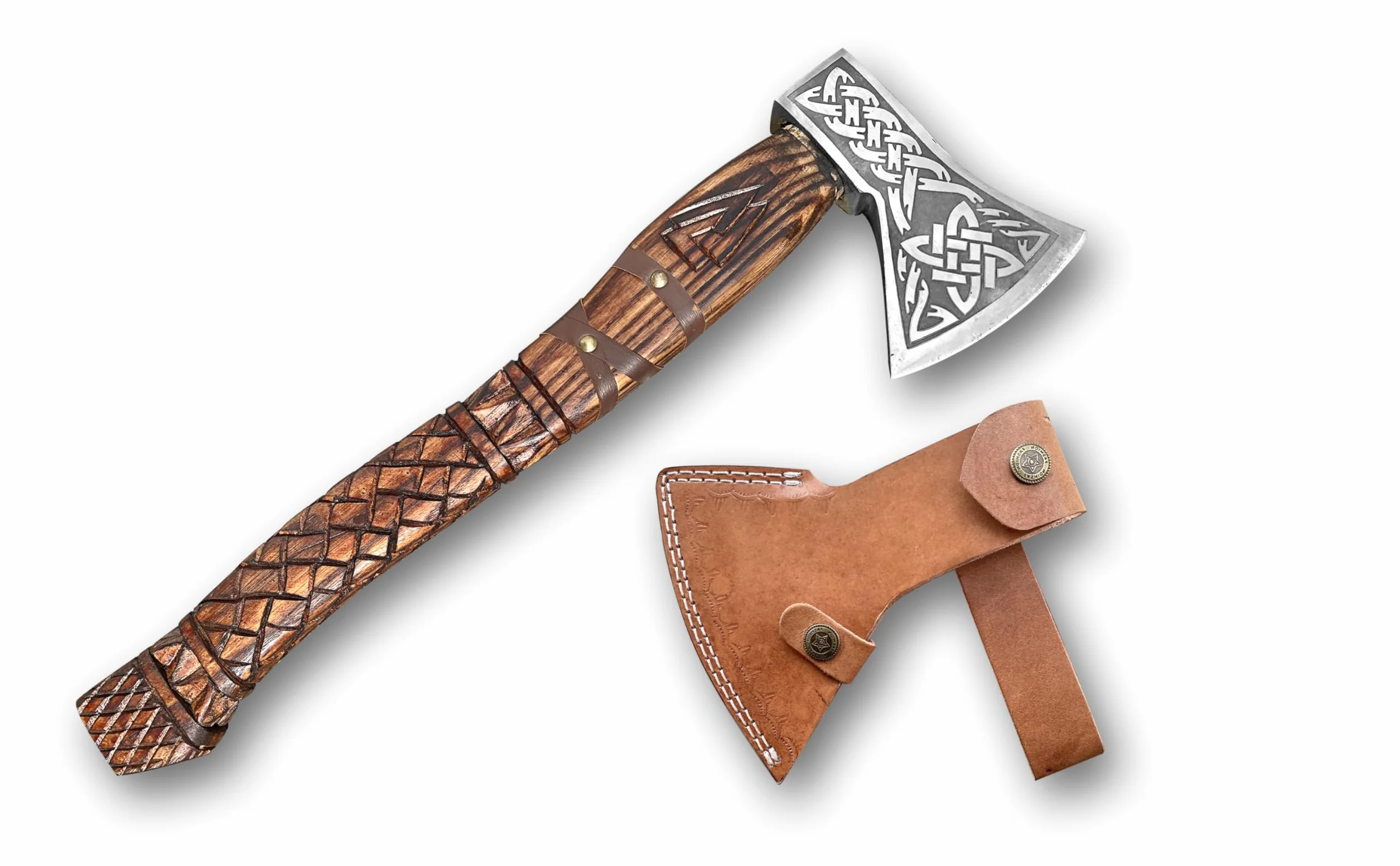 Novahaven Thorvald Hacha de lujo forjada a mano de madera de fresno inglesa, hoja de acero al carbono con grabado vikingo