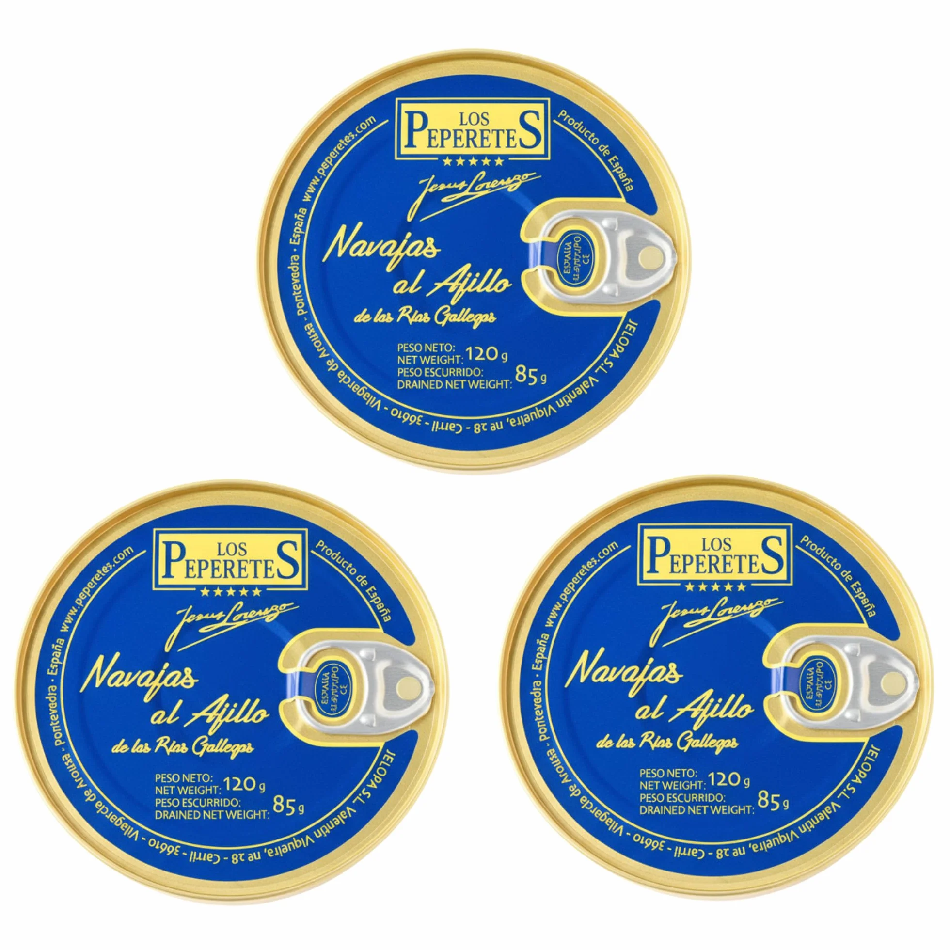 LOS PEPERETES x3 Lata Navajas al Ajillo 120 g | Marisco Gallego Gourmet | Elaboración Artesanal | Conserva Premium con Aceite de Oliva, Ajo y Guindilla | Sabor Tradicional de Galicia