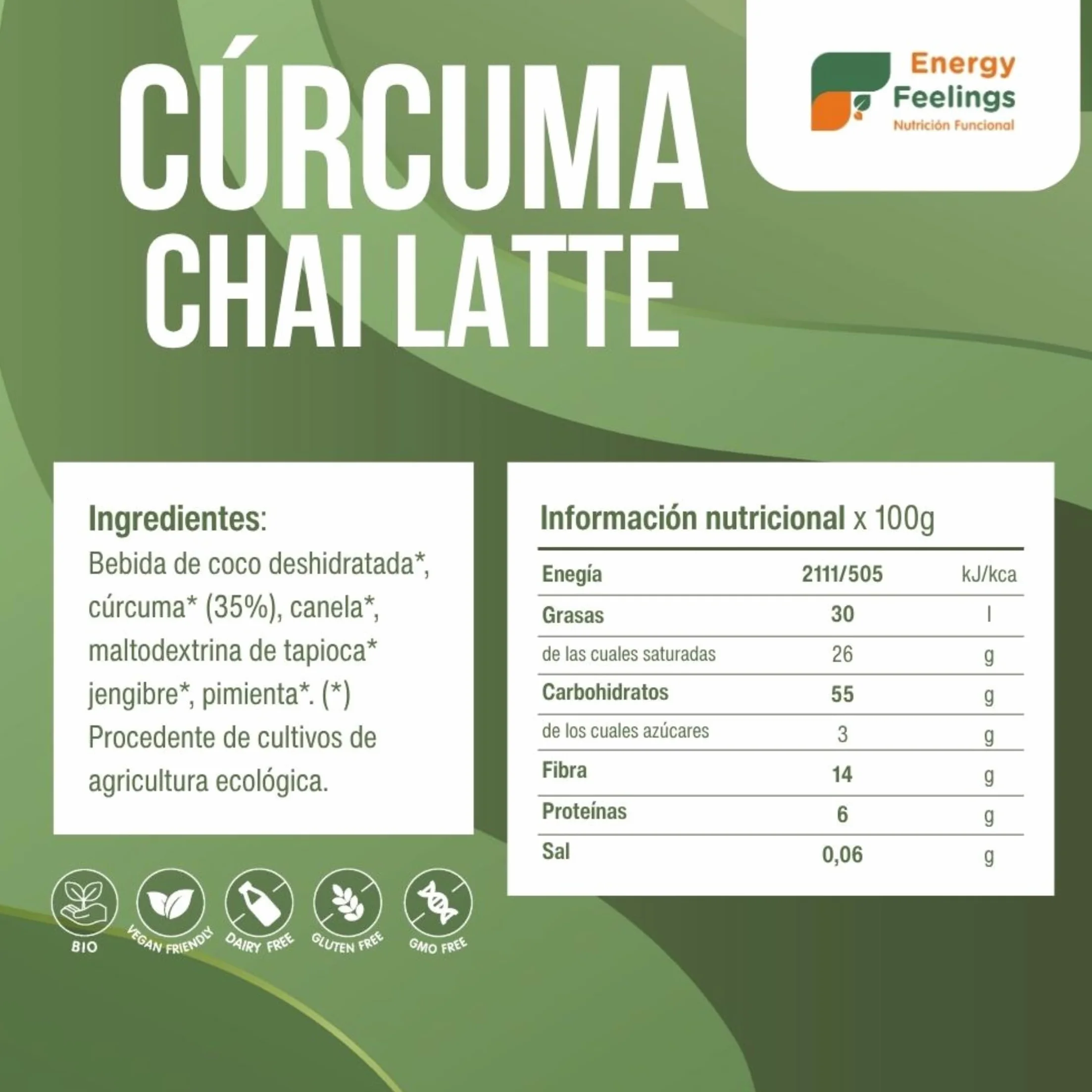 Energy Feelings Cúrcuma Chai Latte Ecológico 500 gr, Cúrcuma en Polvo con Jengibre y Pimienta, Apto para Veganos, Sin Lactosa, Sin Gluten