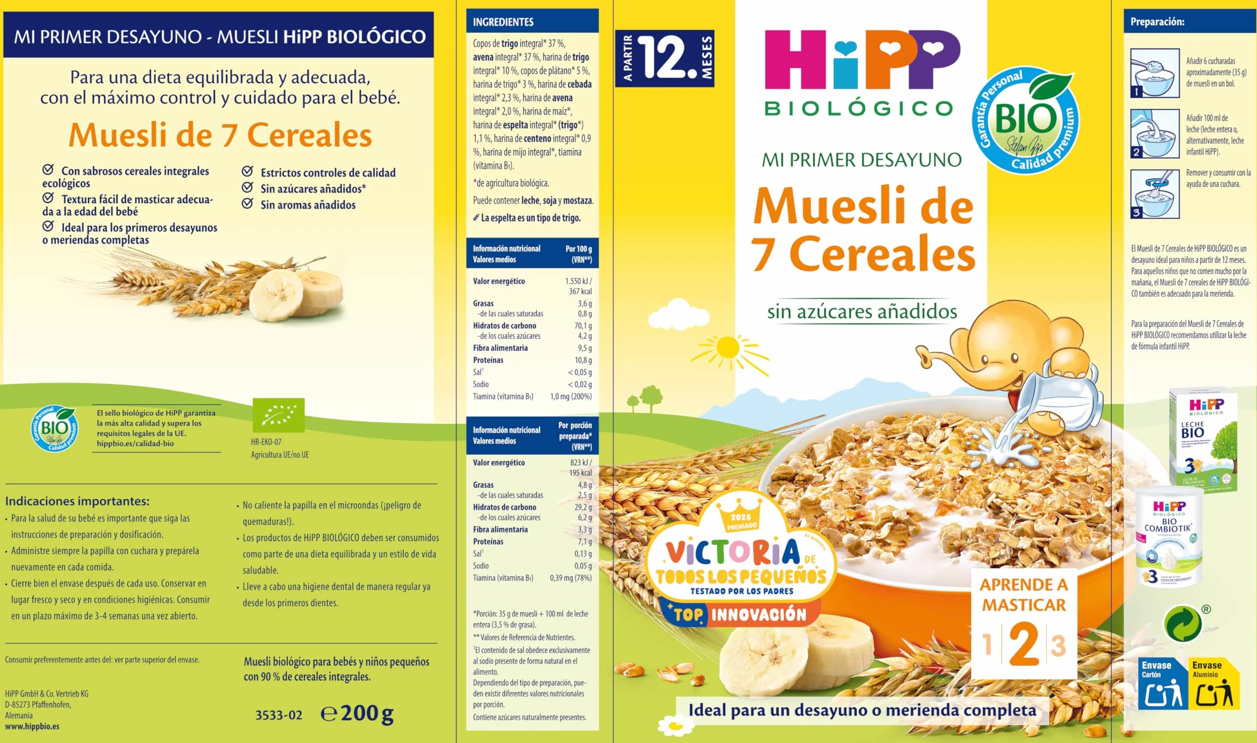 HiPP Biológico – Muesli 7 Cereales BIO para Bebés – Pack de 8 - Cereales Integrales, Sin Azúcares Añadidos y Sin Leche – Desde 12 Meses – Mi Primer Desayuno – 8x200 g