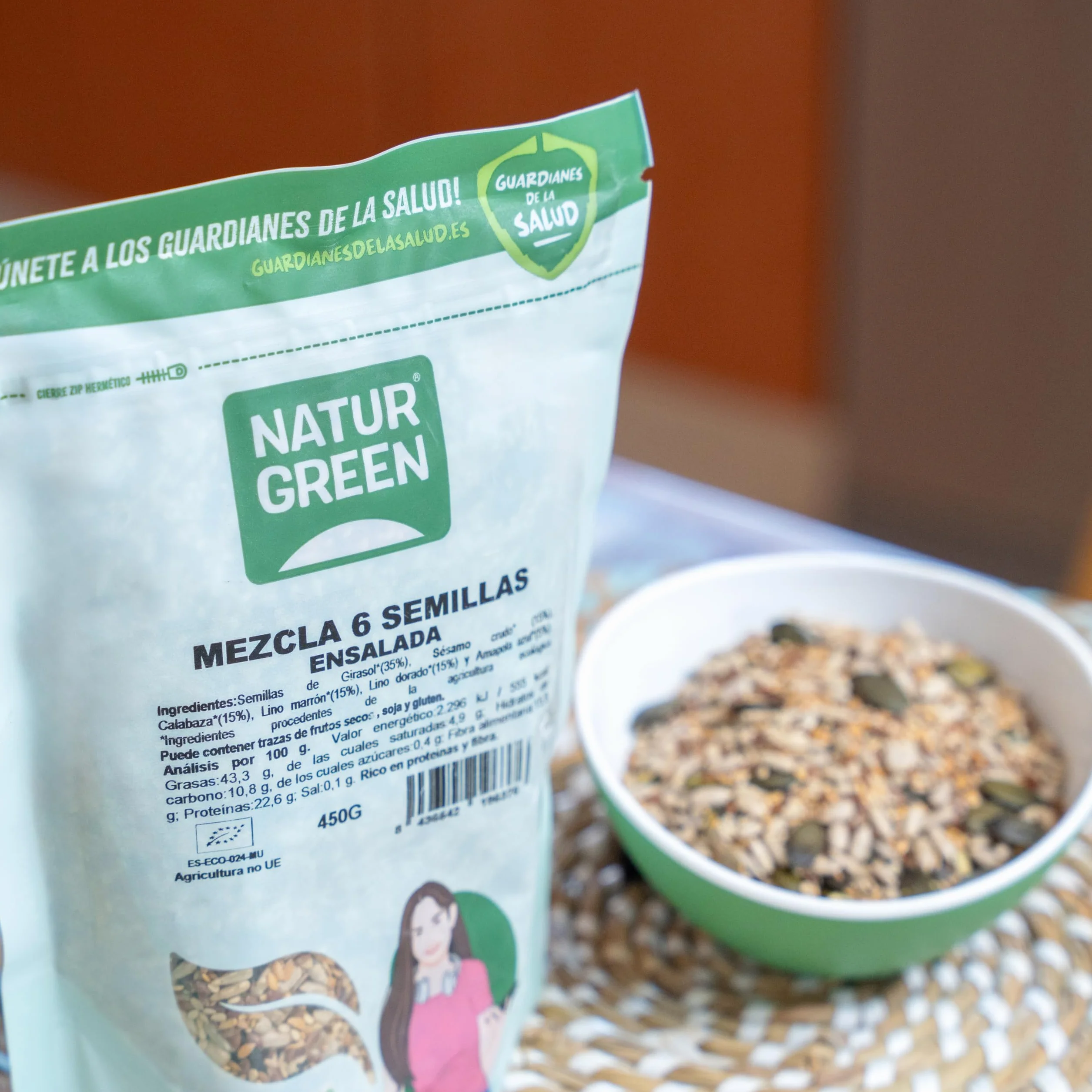 NaturGreen Mezcla 6 Semillas para Ensalada Bio 10 x 450 g, Lino, Girasol, Calabaza, Cáñamo, Sésamo, Chía, Omega 3, Fibra, Proteína, Sin Gluten, Vegano