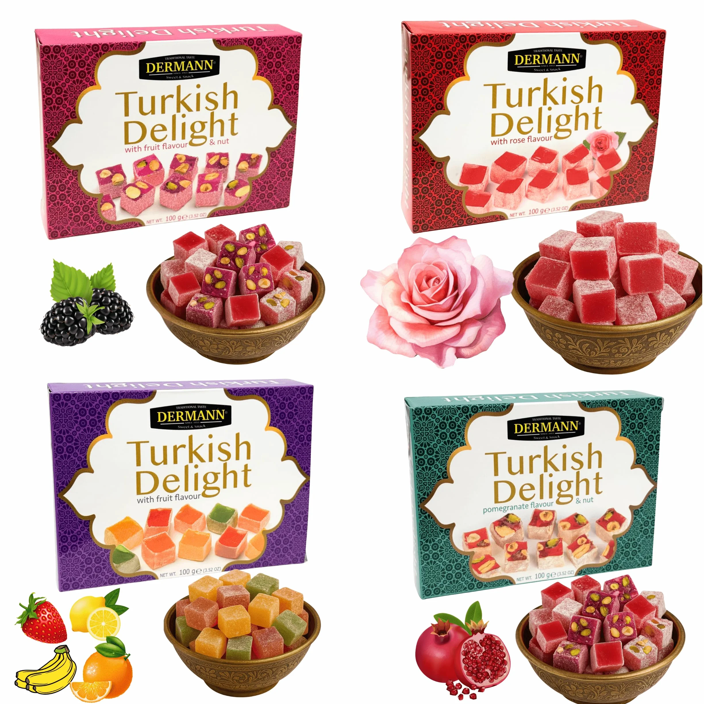Delicias turcas 4x100g (Set de 4 Sabores: Rosa, Frutas, Frutos Secos y Granada) | Sin gluten | Confitería tradicional de lujo | Vegano, Halal, El Mejor Lokum Turco, Loukoumi