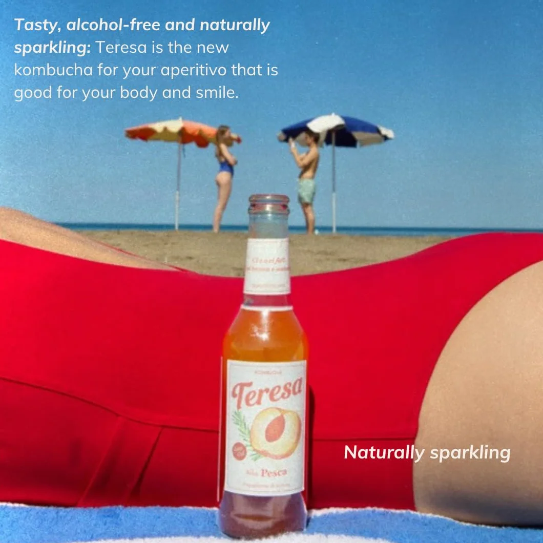 Teresa Kombucha Espumoso con Postbióticos – Bebida Fermentada Natural Pasteurizada – Alternativa saludable y sin alcohol – Botella de 275ml – Sabor a melocotón – Made in Italy