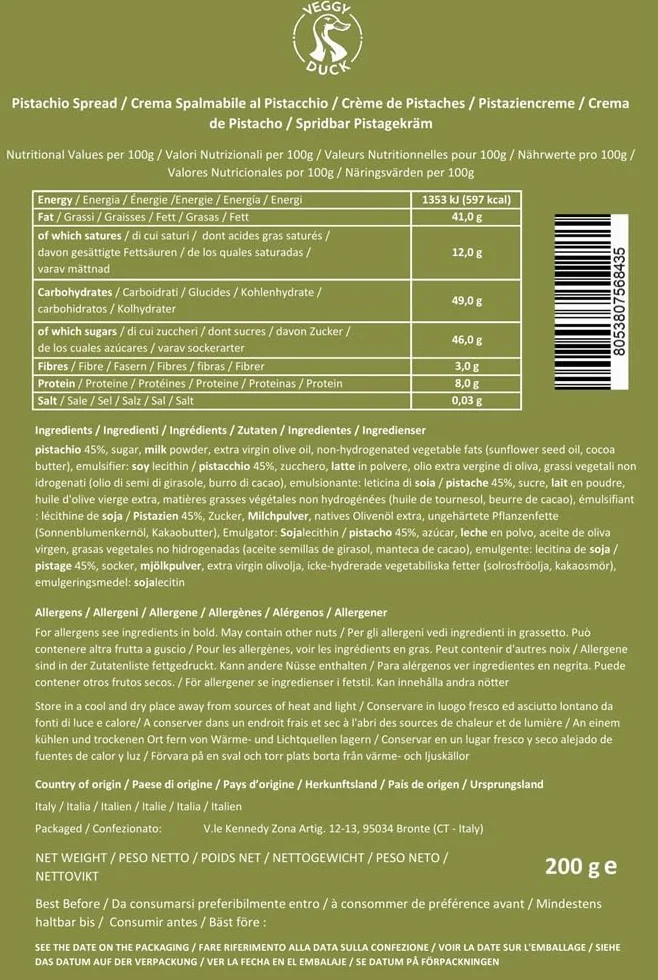 Veggy Duck - Crema de Pistacho (200g) | Con 45% Pistachos | Sabor Dulce | Comida Artesanal Italiana Gourmet | Ideal para Desayunos y Postres
