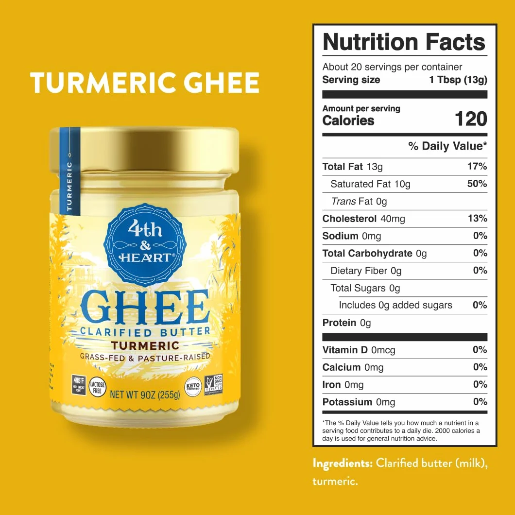4th & Heart - Ghee mantequilla alimentada con pasto clarificada mantequilla cúrcuma - 9 oz.