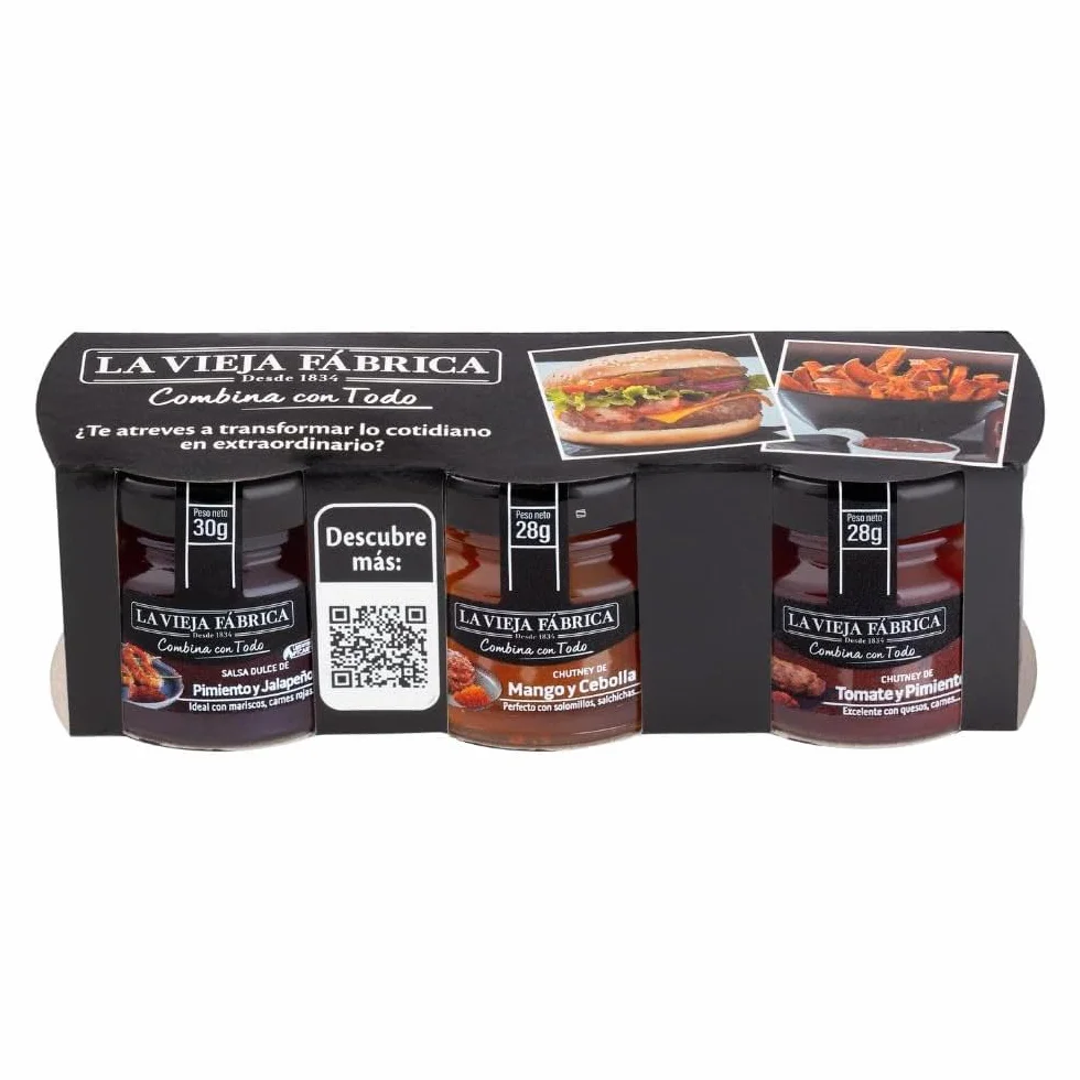 La Vieja Fábrica Surtido salsa COMBINA CON TODO Pack de 3 Pimiento y Jalapeño Mango y Cebolla Tomate y Pimiento