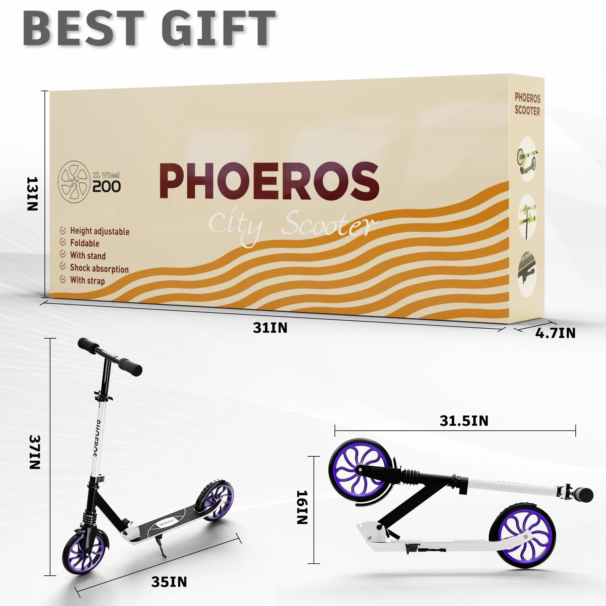 PHOEROS Patinete Plegable para Niños 6-12 Años, Ruedas 120mm, Aluminio