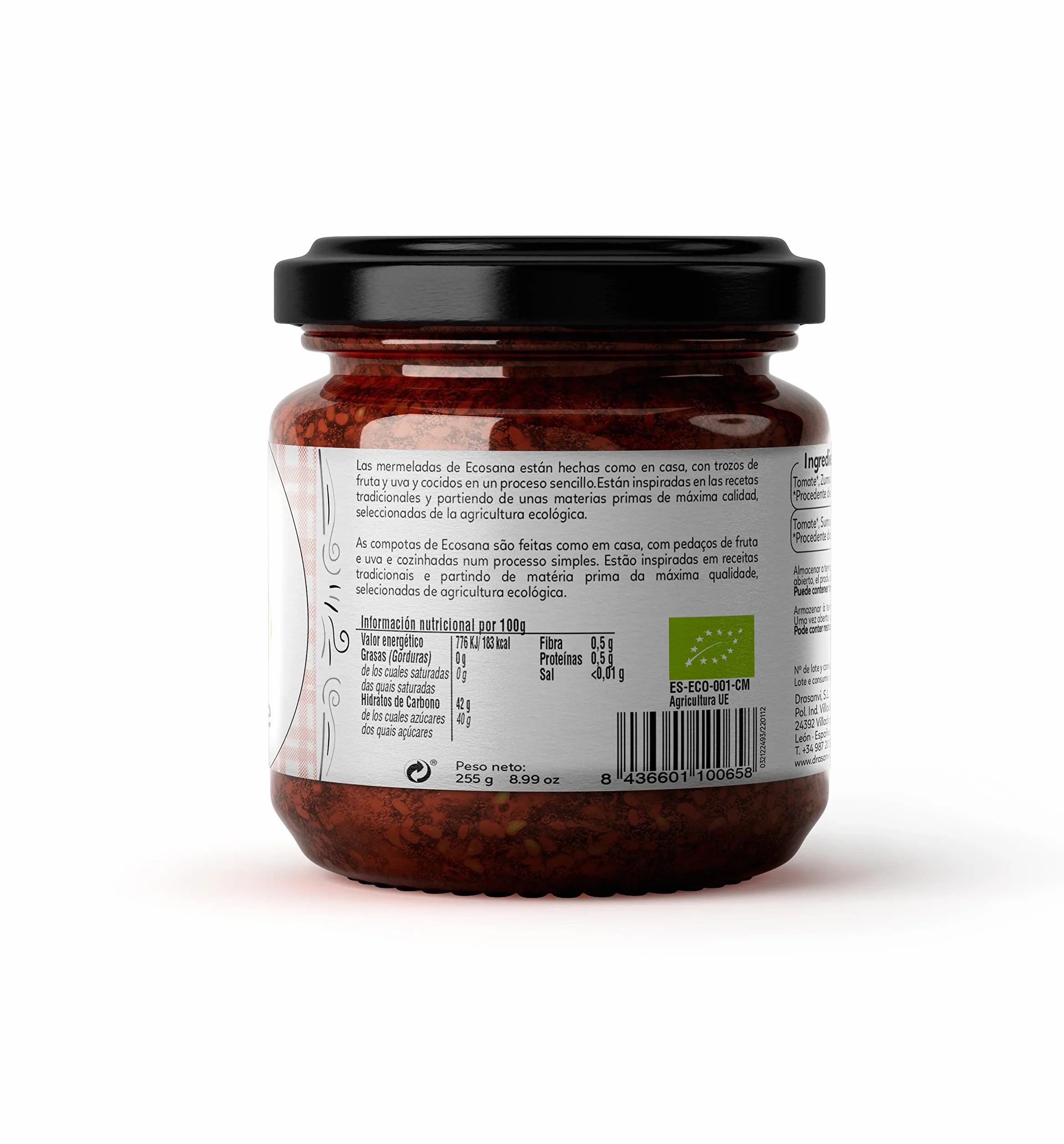 ECOSANA MERMELADA EXTRA TOMATE SIN AZÚCAR CERTIFICADO BIO by DRASANVI - VEGANO - SIN GLUTEN - 250g