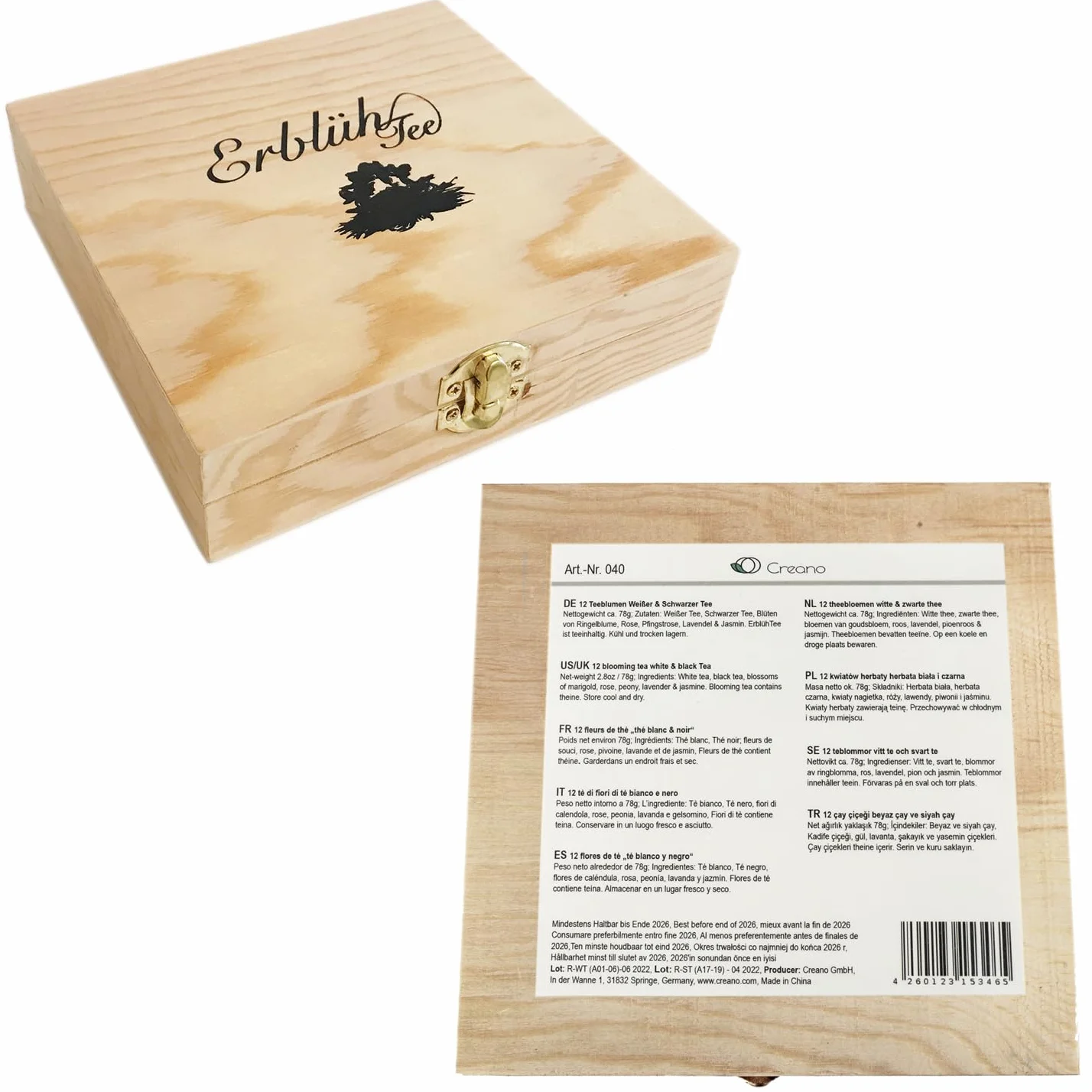 Creano Flores de Té Mix 12 uds Cofre de Madera 9 Variedades Té Blanco y Negro Regalo Sostenible Elegante para Mujer