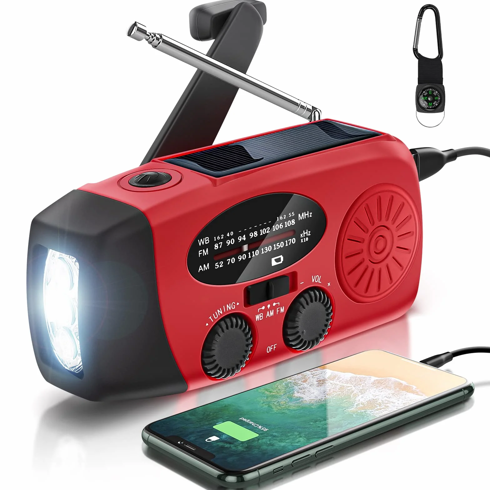 Radio Solar de Emergencia FM/AM/NOAA Portátil Manivela 2000mAh Power Bank Linterna SOS Recargable Camping