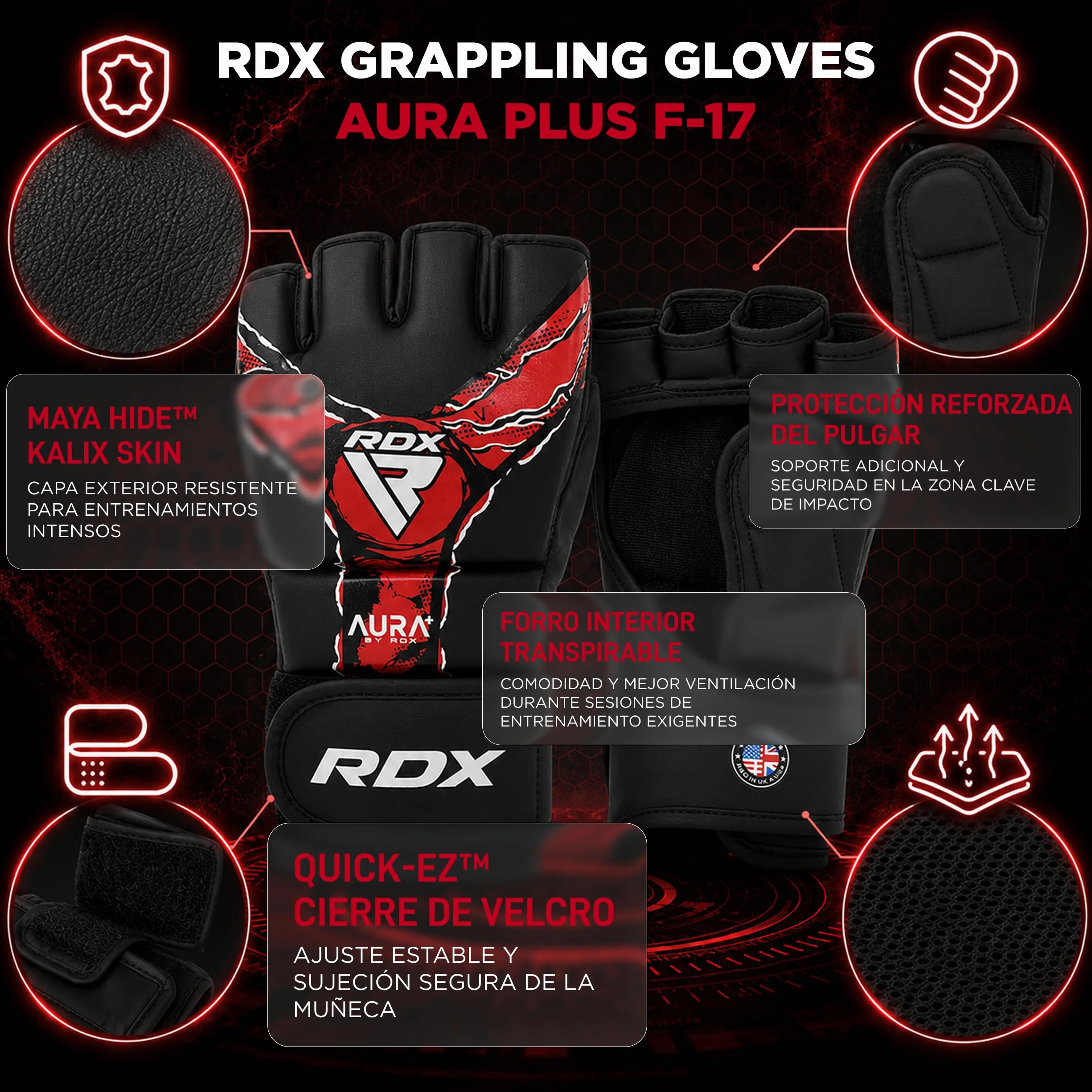 RDX Aura Plus F-17 Guantes de MMA de Cuero con Protección Reforzada para el Pulgar
