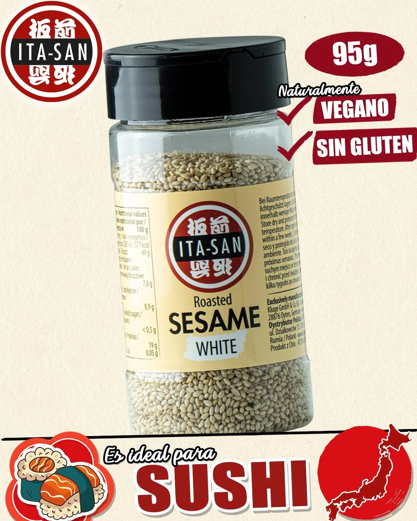 ITA-SAN Semillas de sésamo blanco, tostadas, para platos asiáticos o como topping para ensaladas y cereales, 1 x 95 g