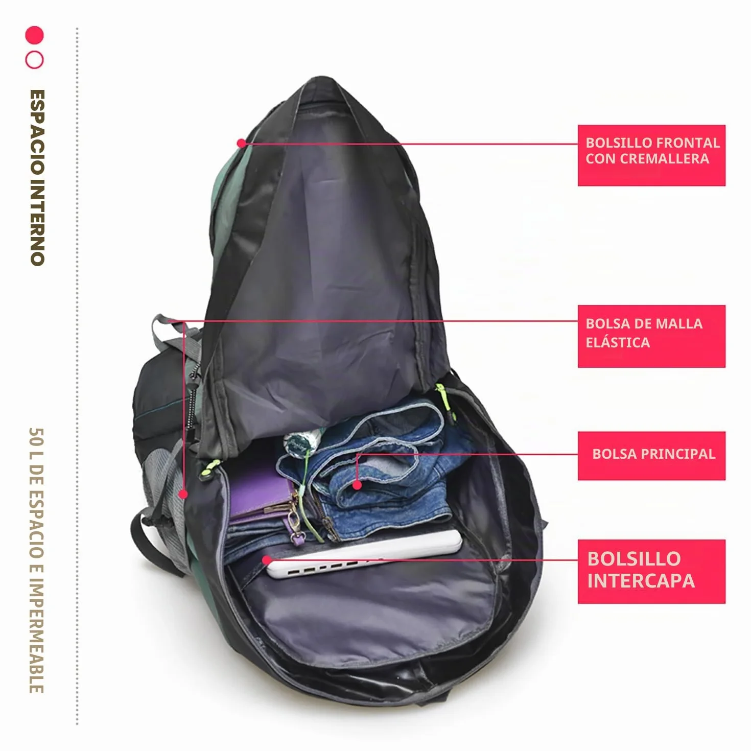 Mochila de senderismo impermeable 50L Bseash para viaje y camping