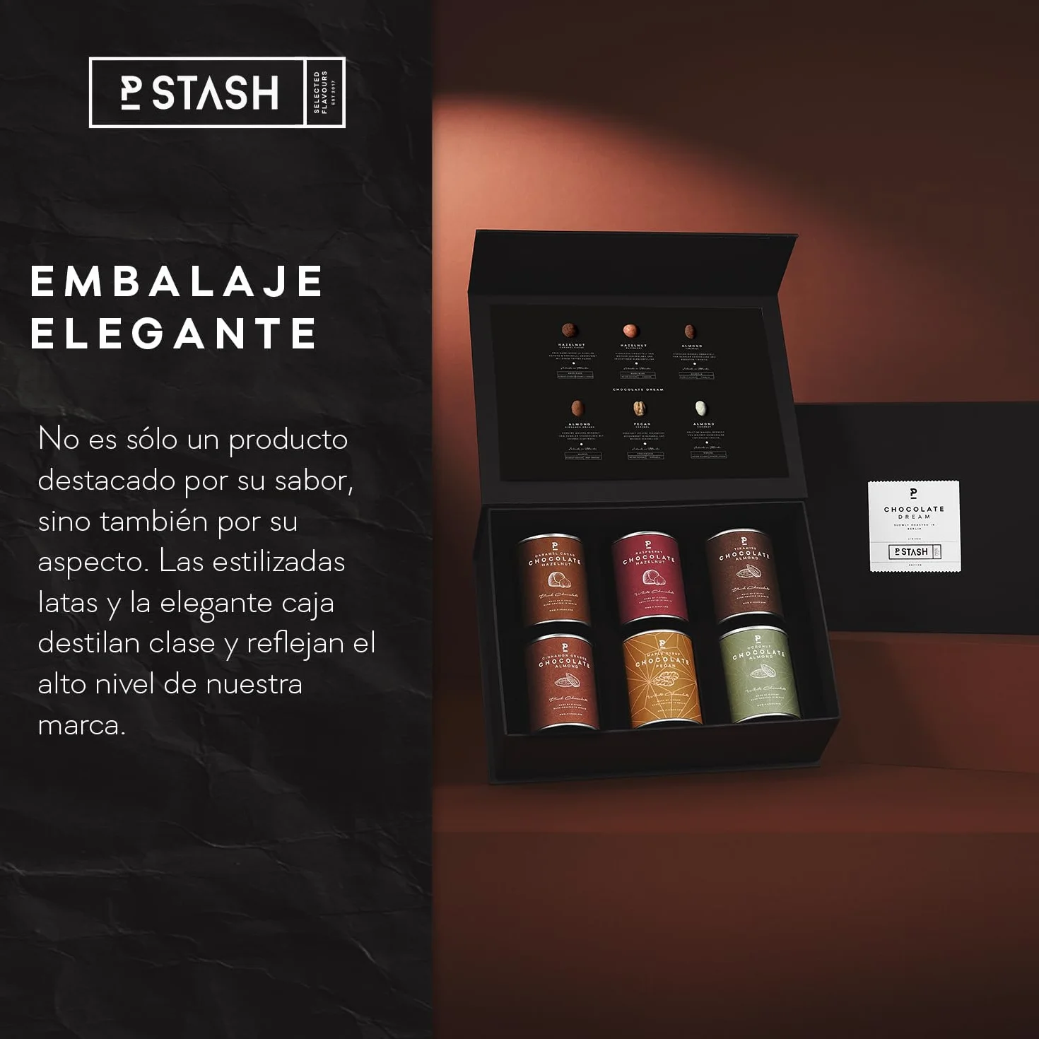 P-Stash Black Box Mix de Frutos Secos Chocolate Dream – Caja de 6 – Nueces pecanas, Avellanas & Almendras – Frutos secos con chocolate y especias únicas, tostados a mano en Berlín