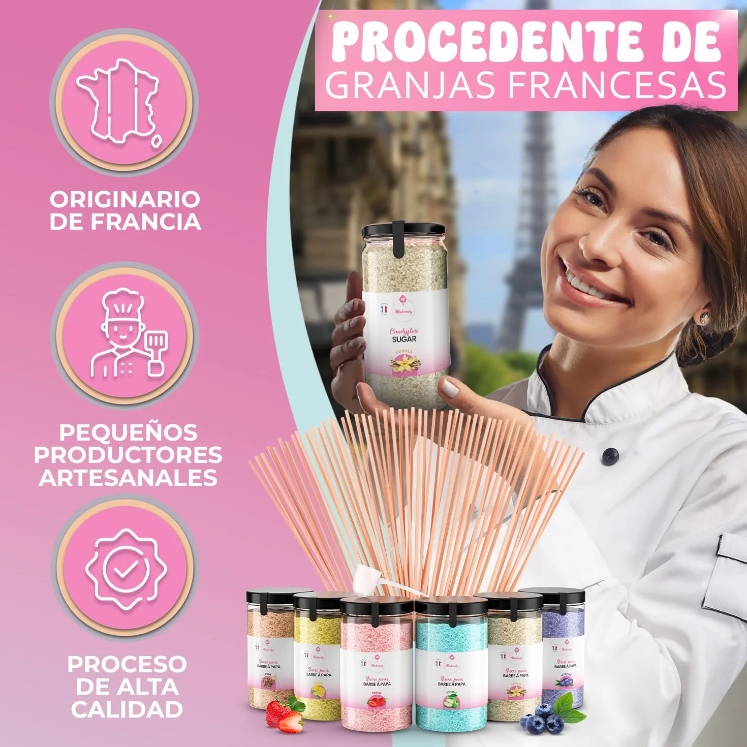 Misskandy® Kit de azúcar de algodón de 6 sabores, 72 porciones - Incluye 50 palitos para máquina de algodón de azúcar - Los sabores incluyen cola, vainilla, fresa, arándano, limón y manzana