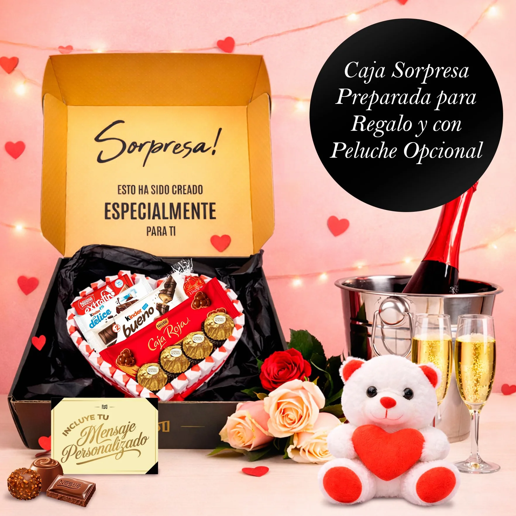 Corazón Sorpresa Regalo Dia del Padre con +40 Bombones y Chocolates – Ferrero Rocher, Lindt Lindor, Caja Roja, Kinder – Tarjeta Personalizada y Presentación Especial