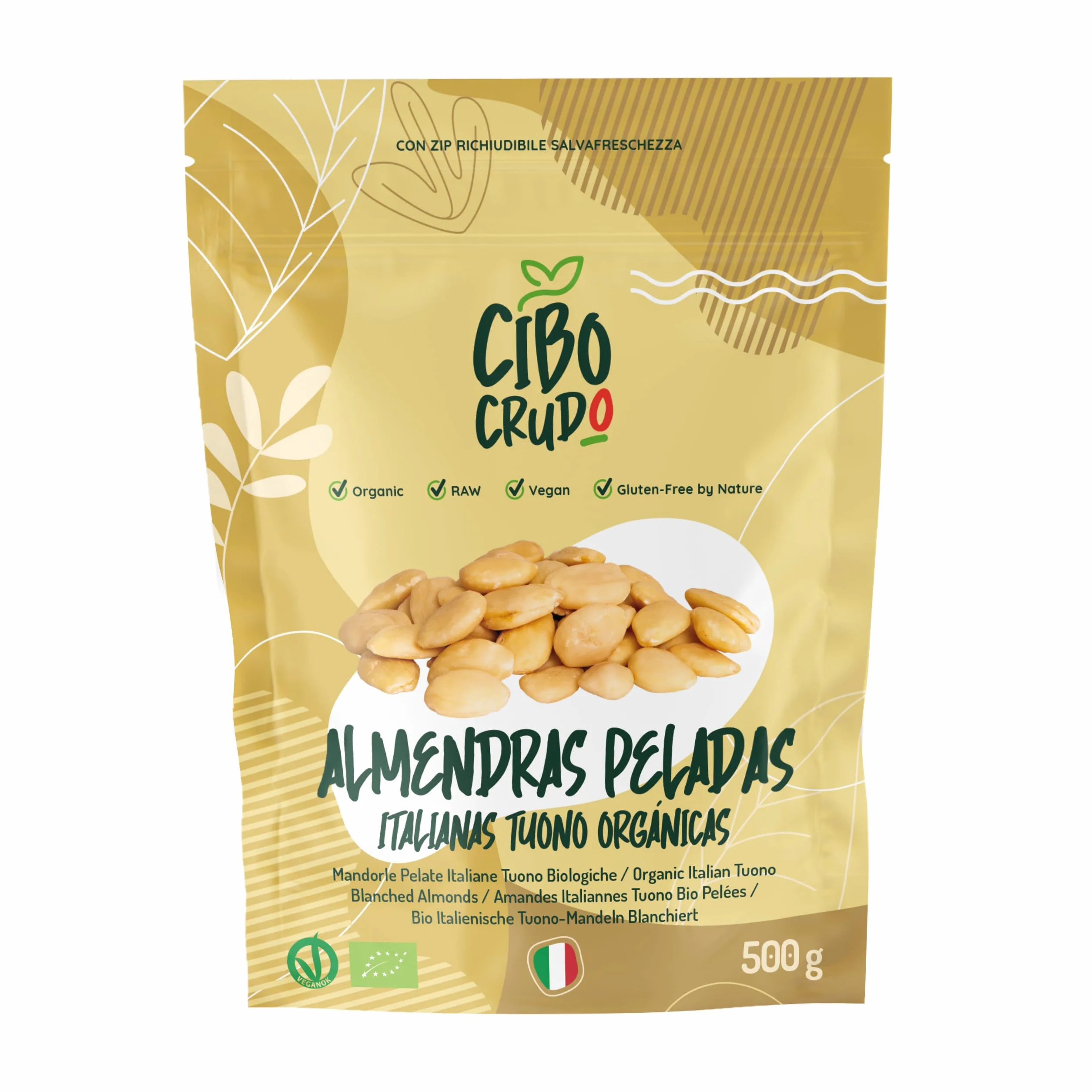 Almendras Crudas Peladas Ecologicas - 500g. Almendra Siciliana Pelada Cruda y Orgánica no Tostada. Fuente de Calcio y Vitamina E. Frutos secos de Sicilia.