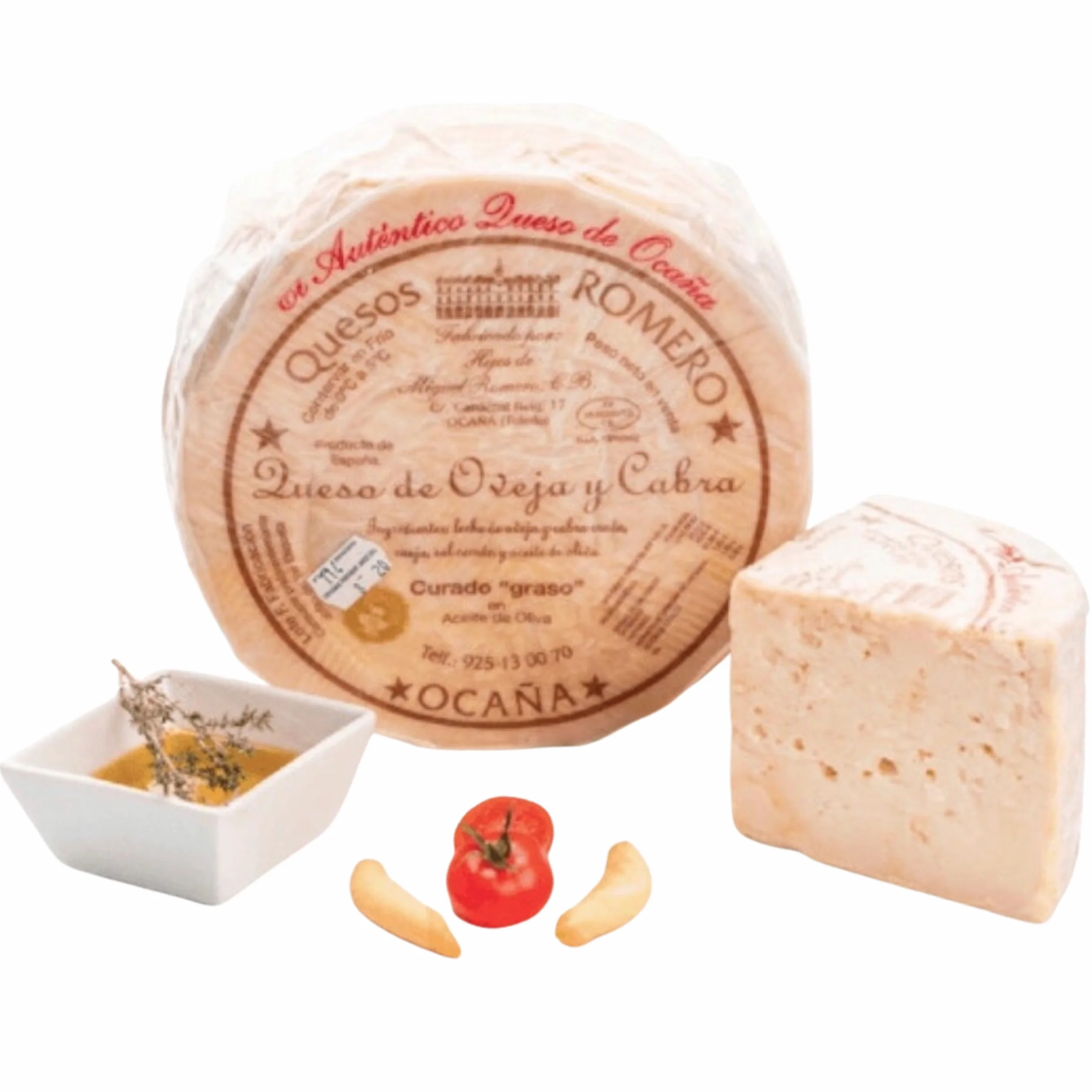 1/2 QUESO ROMERO OCAÑA para paladares exquisitos, graso, mantecoso, con pique, granuloso y quebradizo, color ocre, debido a su larga maduración de hasta 2 años