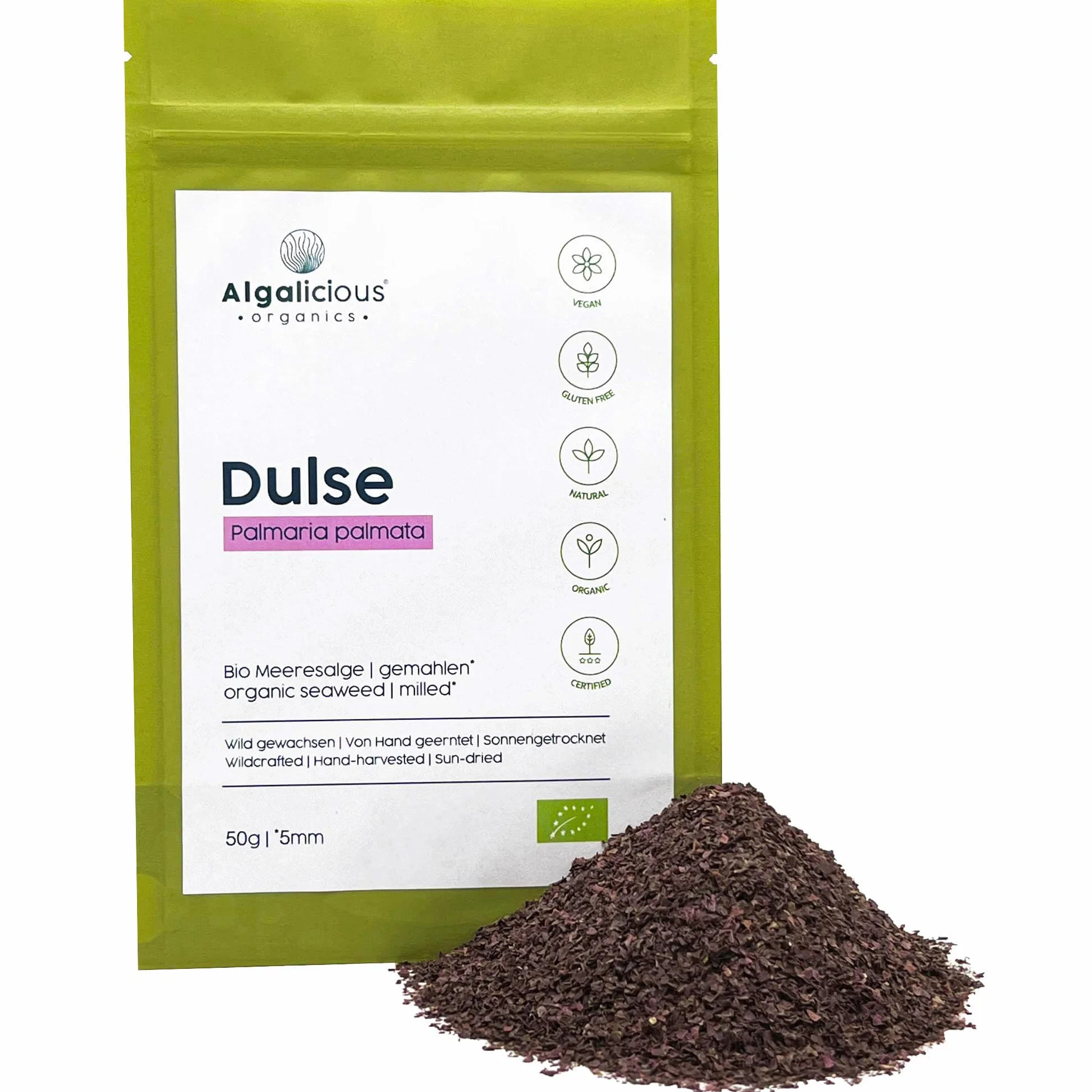 Bio Alga Dulse Copos 2 mm | 50 g de Atlántico Norte | Palmaria palmata es rica en vitamina B12 | ALGALICIOUS Algas irlandesas silvestres y recolectadas manualmente