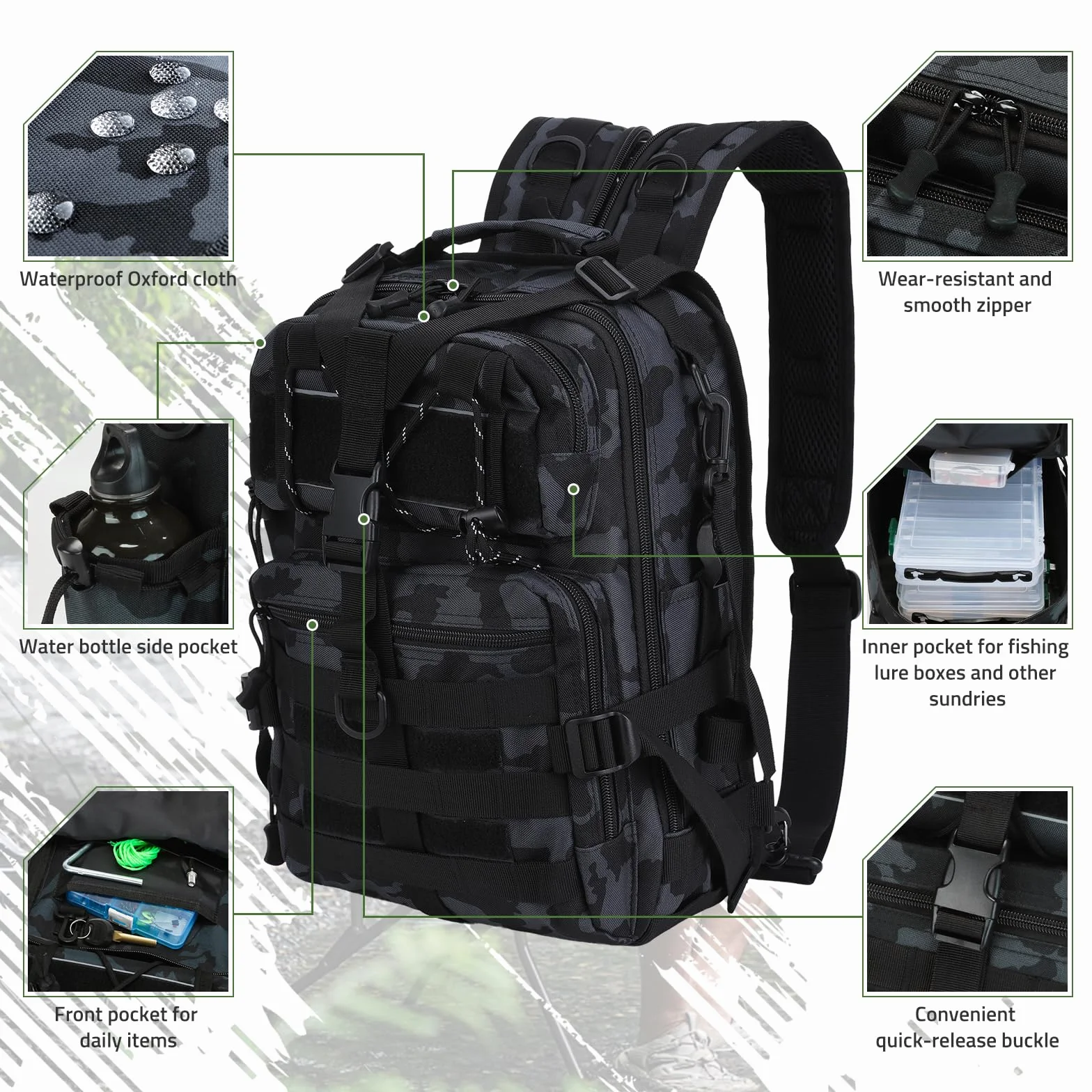 Mochila de Pesca Impermeable Táctica Molle Senderismo Caza