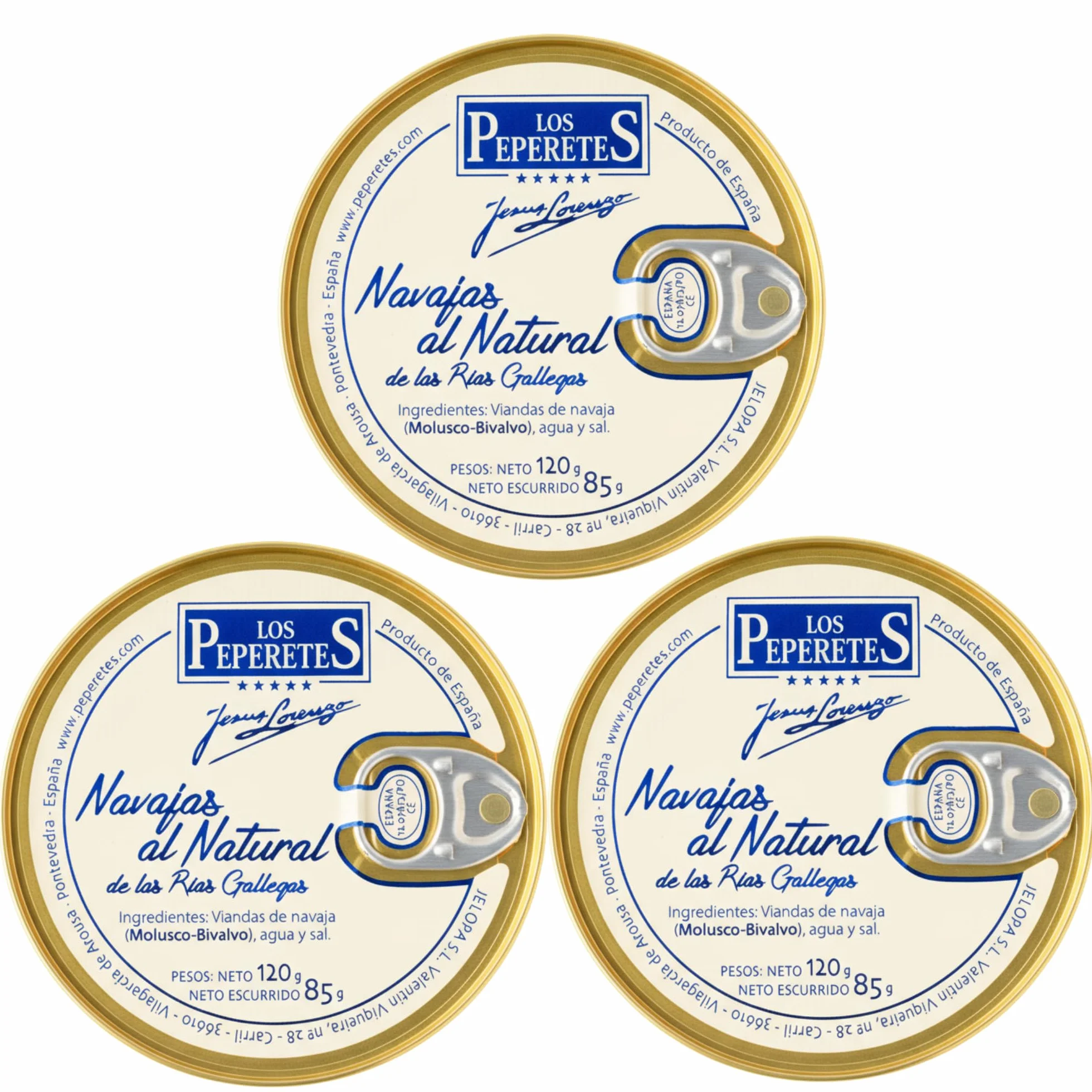 LOS PEPERETES x3 Lata Navajas Finisterre al Natural 120 g | Marisco Gallego Gourmet | 10–12 Piezas | Elaboración Artesanal | Conserva Premium de las Rías Gallegas | Sabor Auténtico del Atlántico