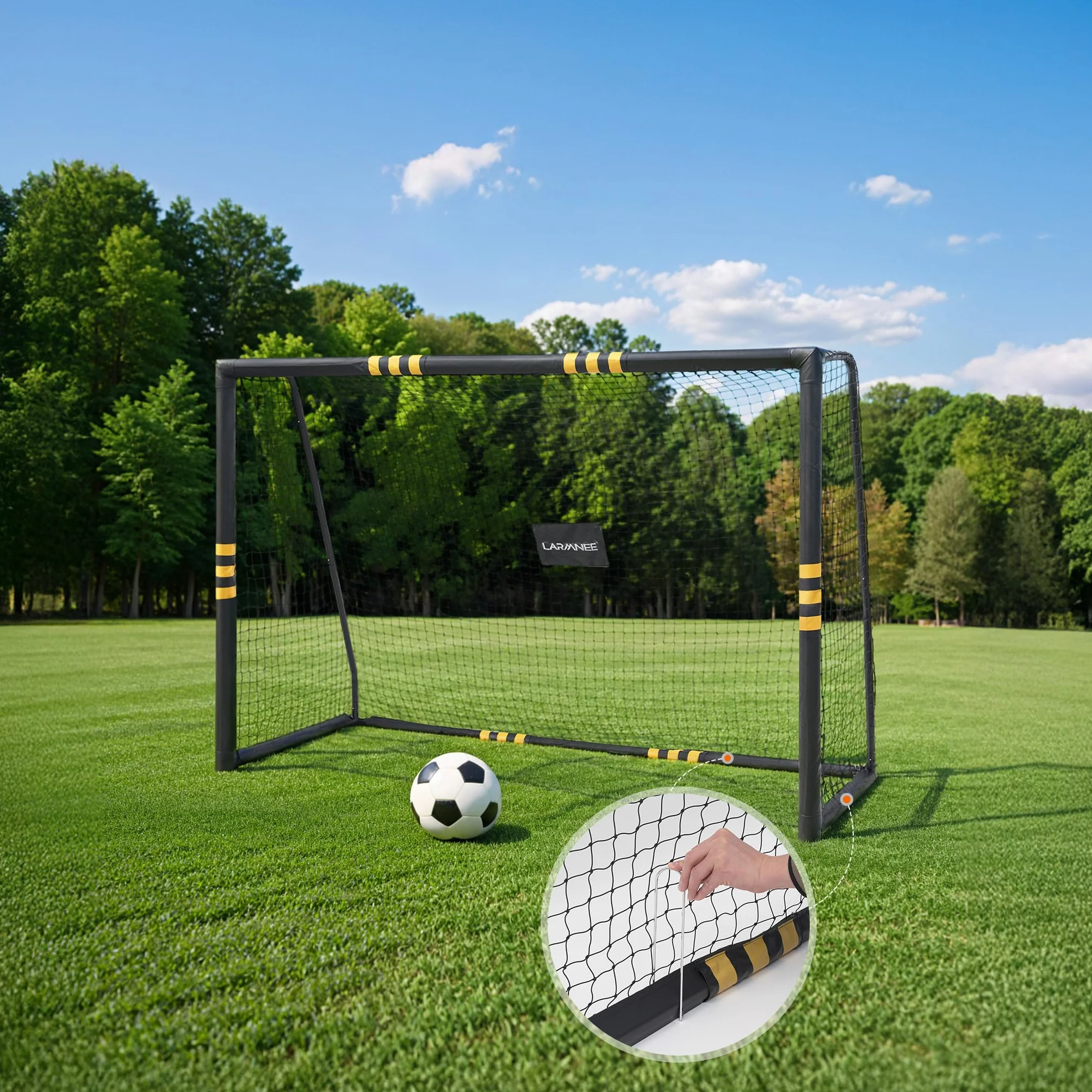 LARMNEE Portería de Fútbol 240 cm, Red de PE, Cubierta Protectora de Espuma, Resistente a la Intemperie