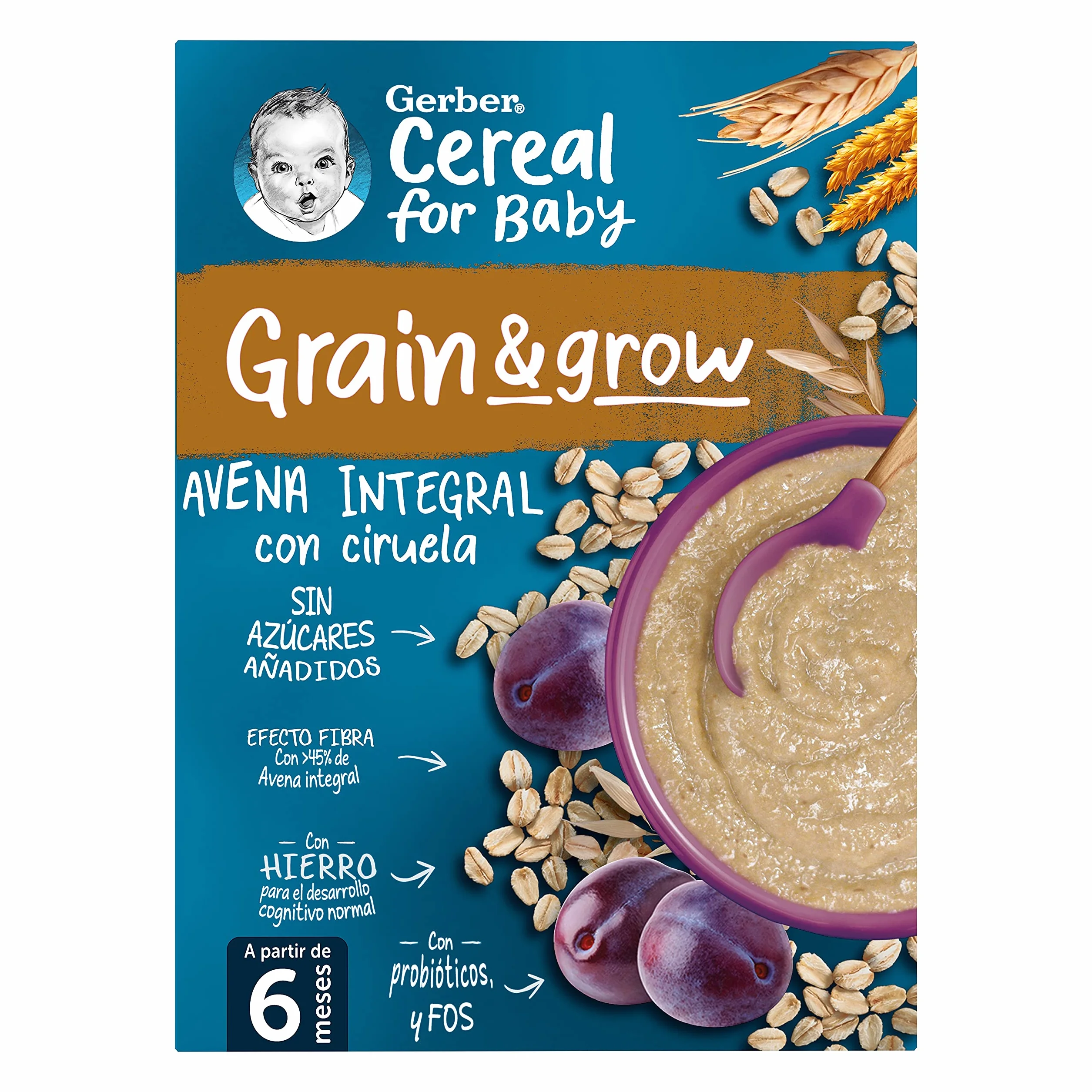 GERBER Avena Integral con Ciruela, Papilla de Cereales para Bebés, Paquetes 9x250g, a partir de 6 meses
