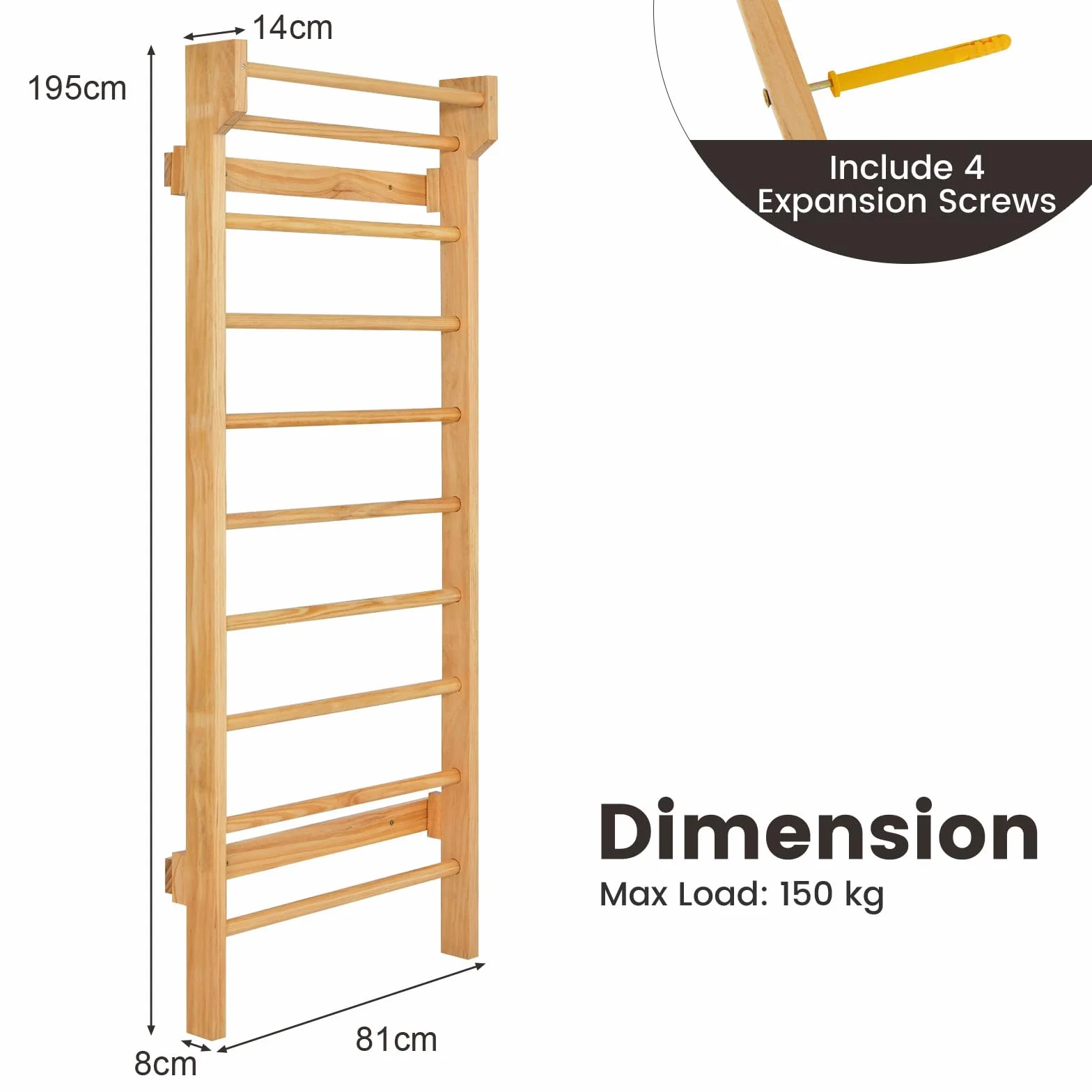 HOMASIS Barra de pared de madera sueca, Escalera de gimnasio interior, Pared de escalada 100 kg 81x14x195 cm Natural
