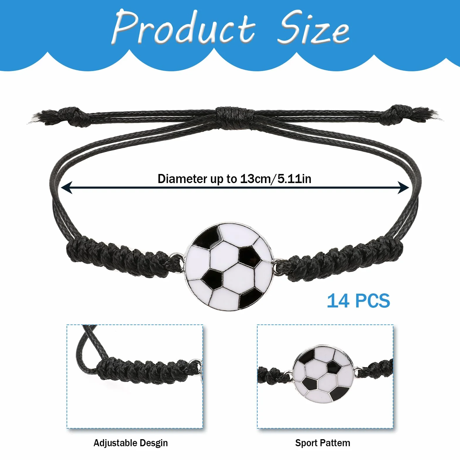 Pulseras de la amistad ajustables para niños, pulsera de fútbol tejida, nailon metal, 16-24 cm