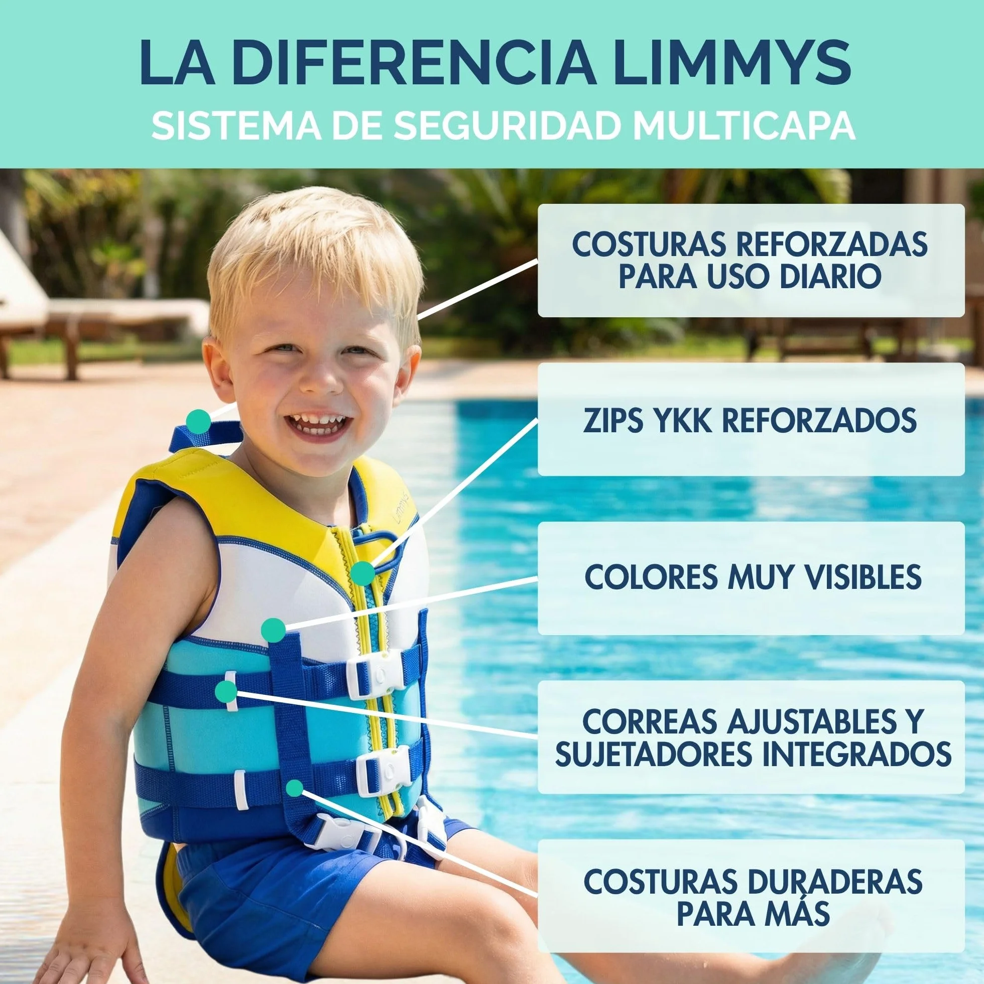 Limmys Chaleco de Natación para Niños con Paneles de Espuma, Certificado CE, Doble Cremallera YKK, Neopreno Premium