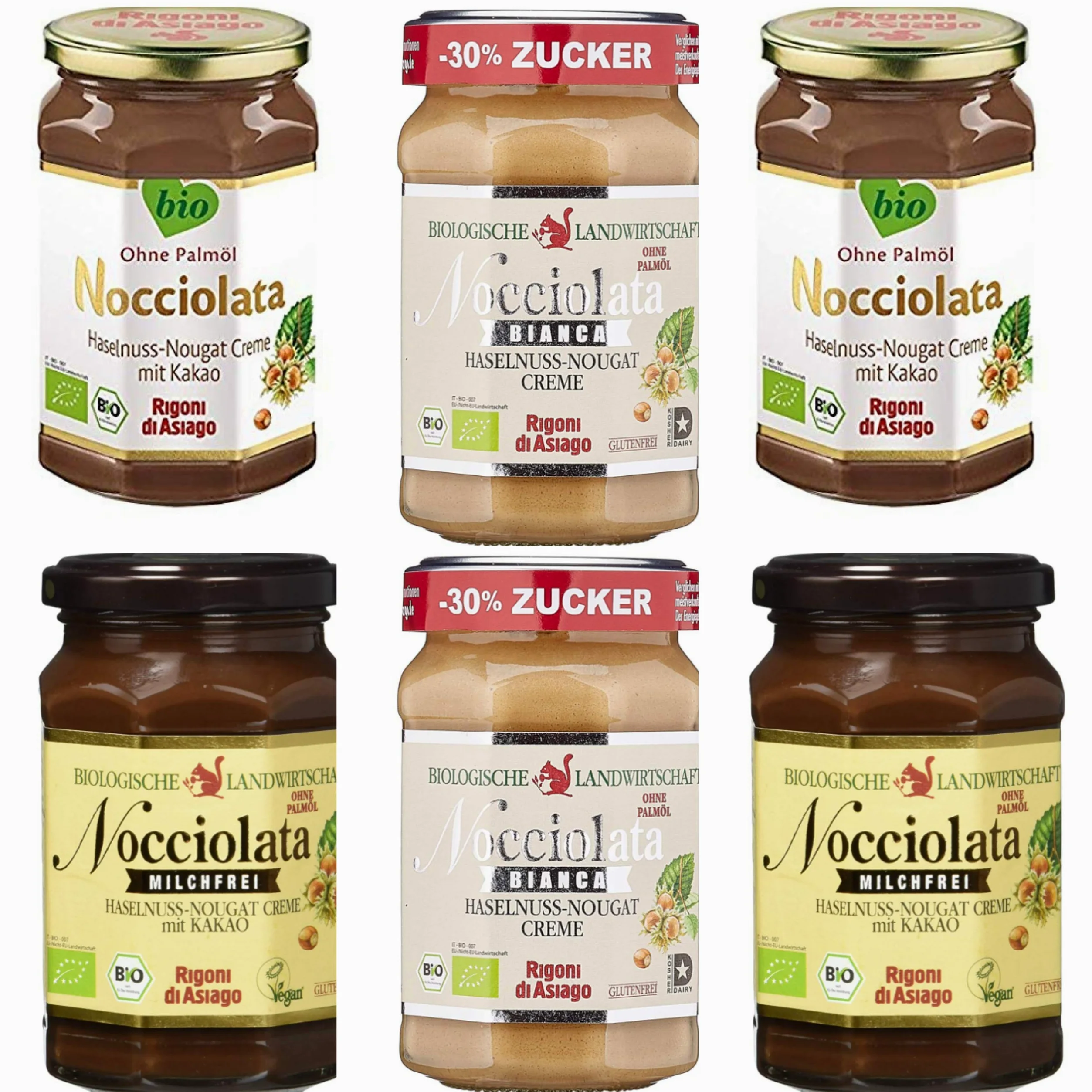 Rigoni di Asiago - 2 x Nocciolata, 2 x sin leche y 2 x Bianca - 6 x 270 g | crema de turrón de nuez | crema de avellana sin aceite de palma | crema de turrón nuez sin aceite de palma | para untar pan
