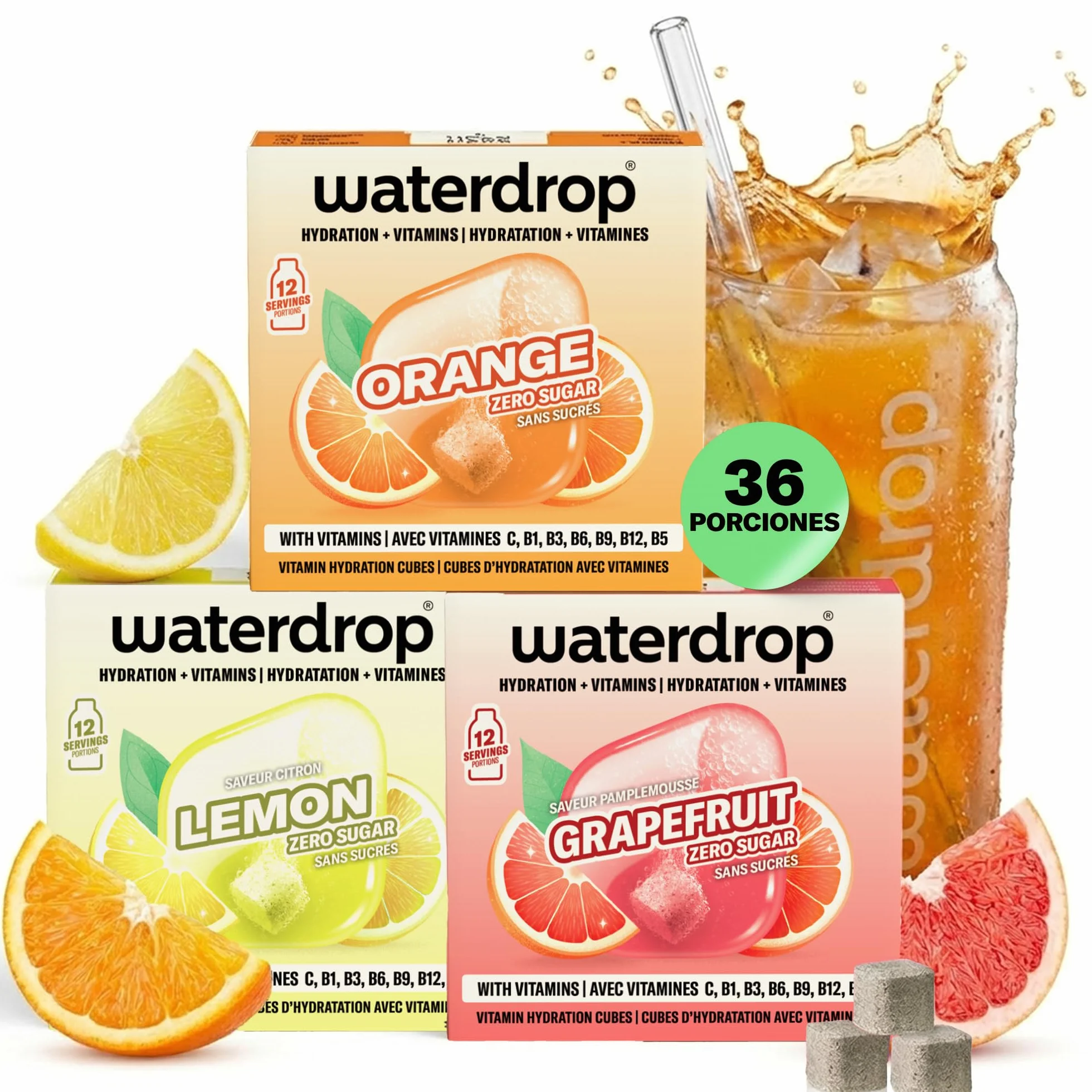 waterdrop® Mix Sabores de Frutas, 36 Pastillas Saborizantes Para Agua, Bebidas Sin Azúcar, Sabores Agua: Naranja, Limón, Pomelo, Refresco Instantaneo, Sobres