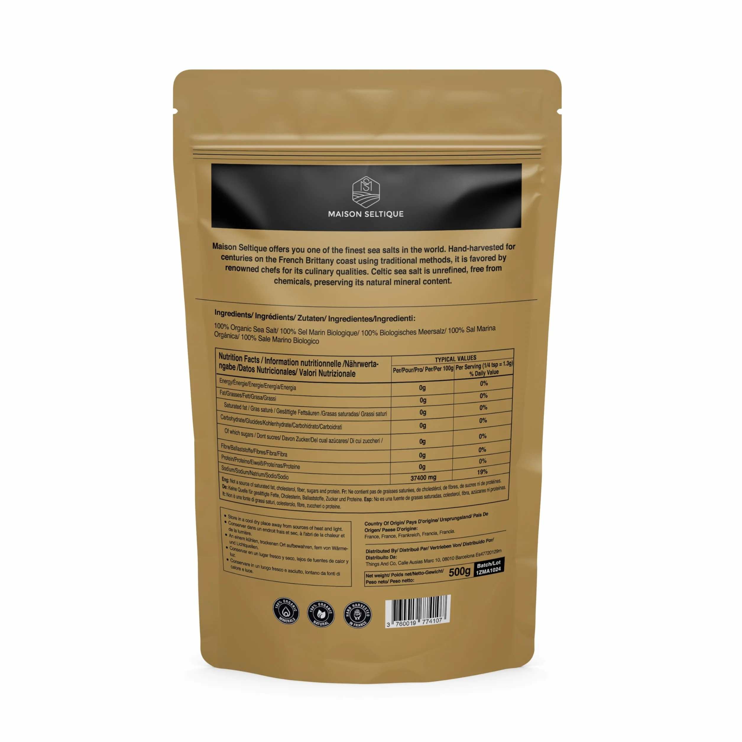 Maison Seltique Celtic Sea Salt, 100% Natural, Sal Celta Cosechada a mano, Artesanal - Pura y Sin Refinar | Sal Marina sin aditivos| Bolsa Resellable | Ideal para Cocina Gourmet y Saludable (500gr)