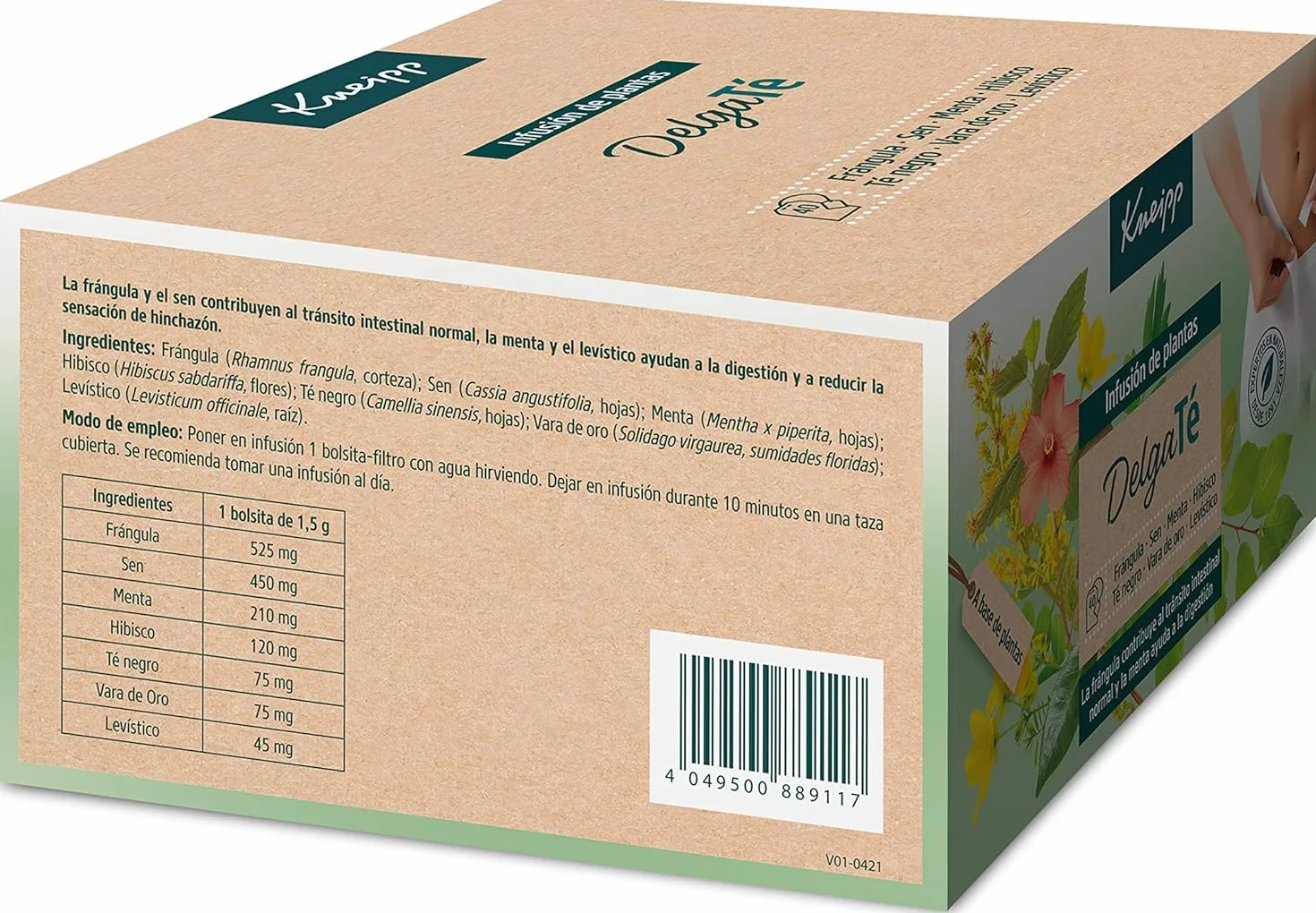 Kneipp DelgaTé, Infusión de Hierbas, Laxante Natural para Retención de Líquidos y Estreñimiento, con Manzanilla, Frángula, Menta, Sen, Hibiscus, Solidago y Levístico, 40 Bolsitas