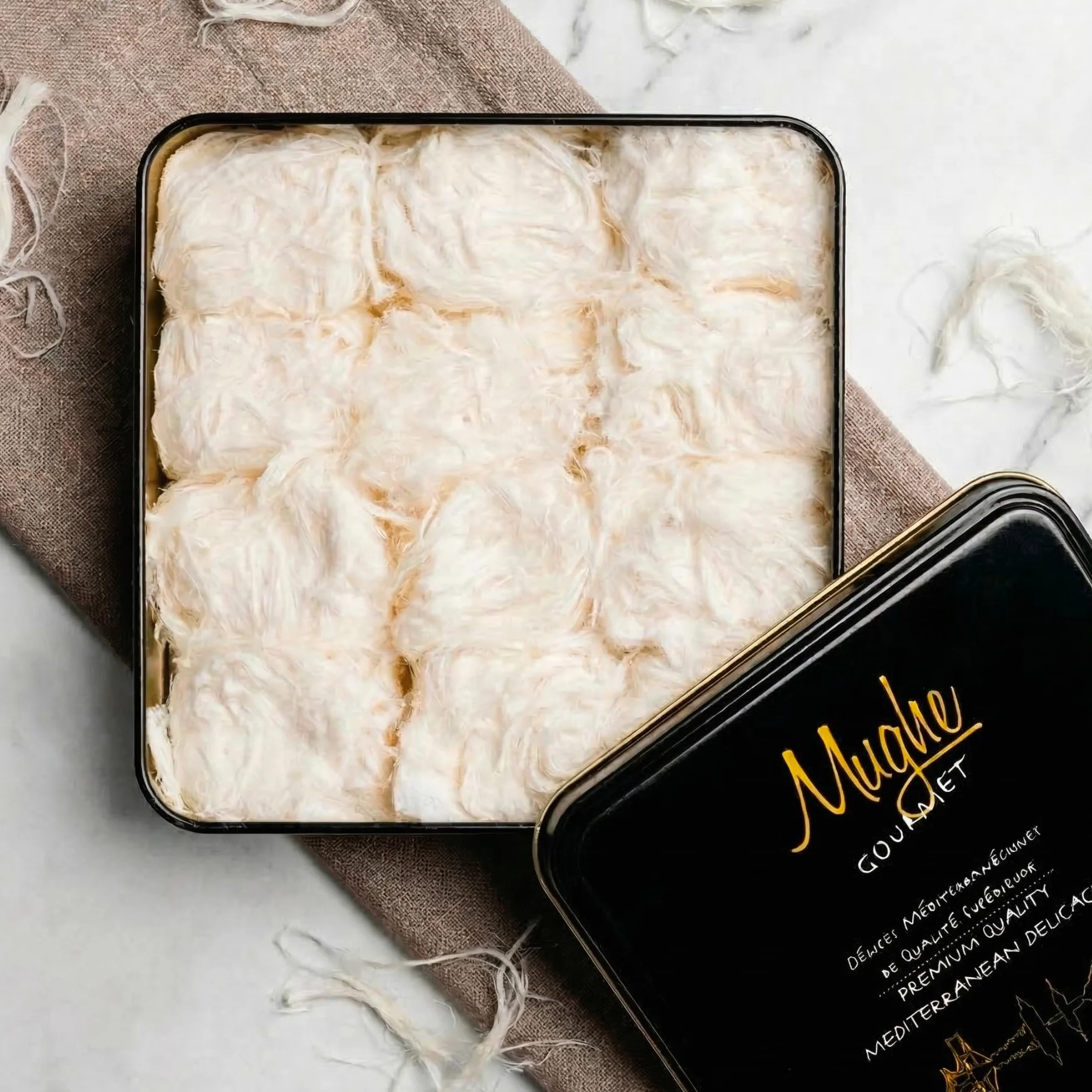 Mughe Gourmet Algodón de Azúcar Turco Pismaniye Dulce 12pz - Caja de Especial de Caramelo Halva - Confitería Pishmaniye - Halva de Hilo - Regalos Perfectos para Cumpleaños, Día del Padre