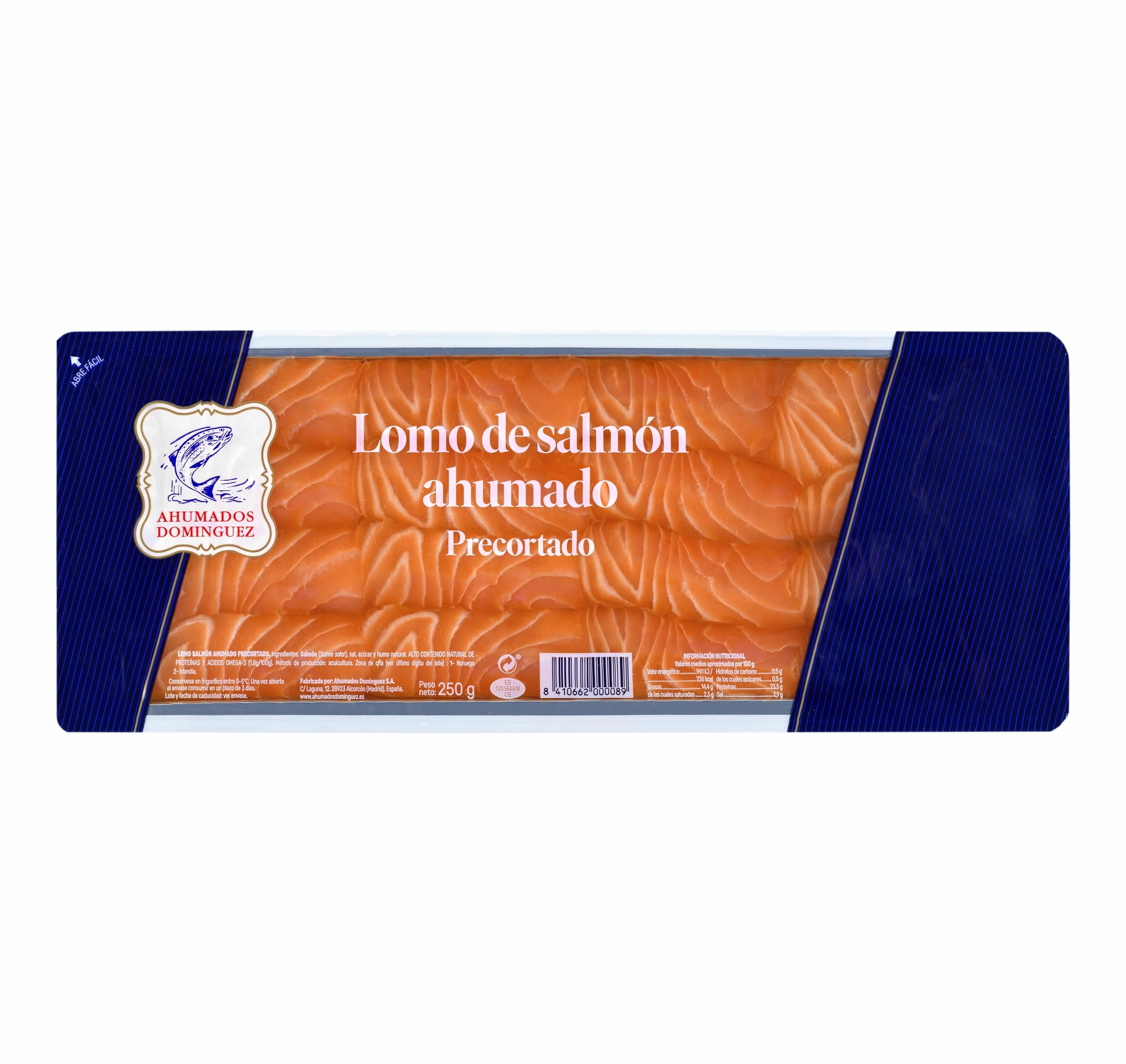 Ahumados Domínguez - Salmón Ahumado Natural Cortado en Lomos - 250 g - Elaboración Artesana - Sin piel, Sin Espinas - Refrigerado