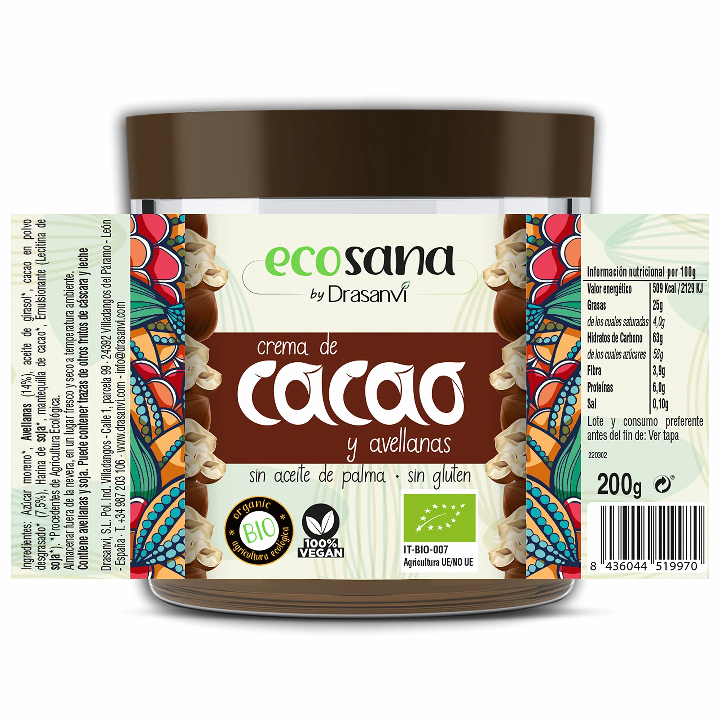 ECOSANA CREMA DE CACAO Y AVELLANAS CERTIFICADO BIO by DRASANVI - Ingredientes de procedencia ecológica - SIN aceite de palma - VEGANO - SIN GLUTEN - 200g