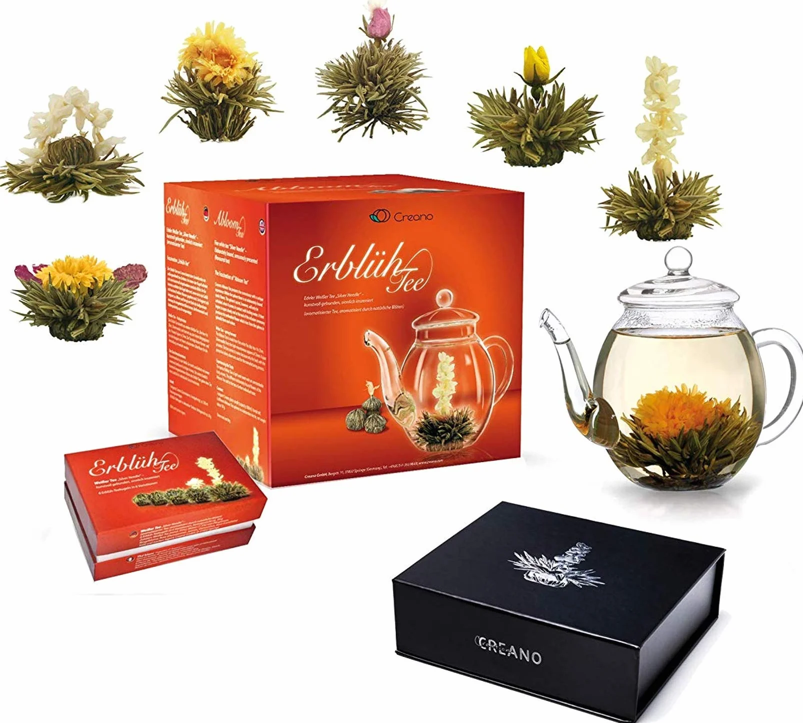 Creano Set Flores de Té Blanco 12 uds Tetera 500ml Antigoteo Cofre Magnético Regalo Mujer Mamá
