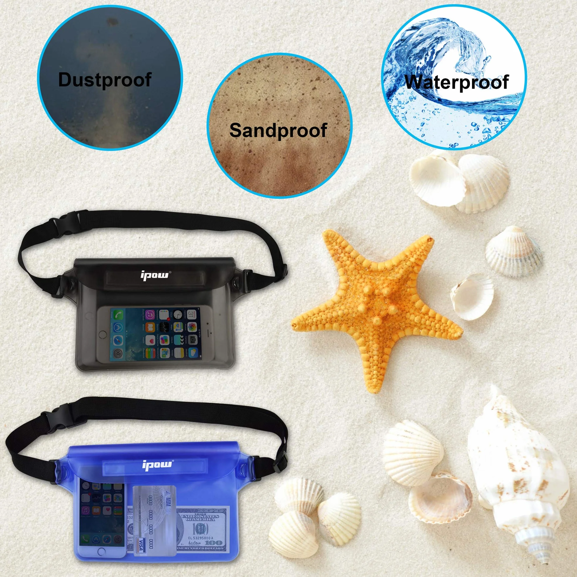 Bolsa Impermeable IPX8 Riñonera con Cinturón Ajustable para Playa Natación, Negro y Azul Traslúcido