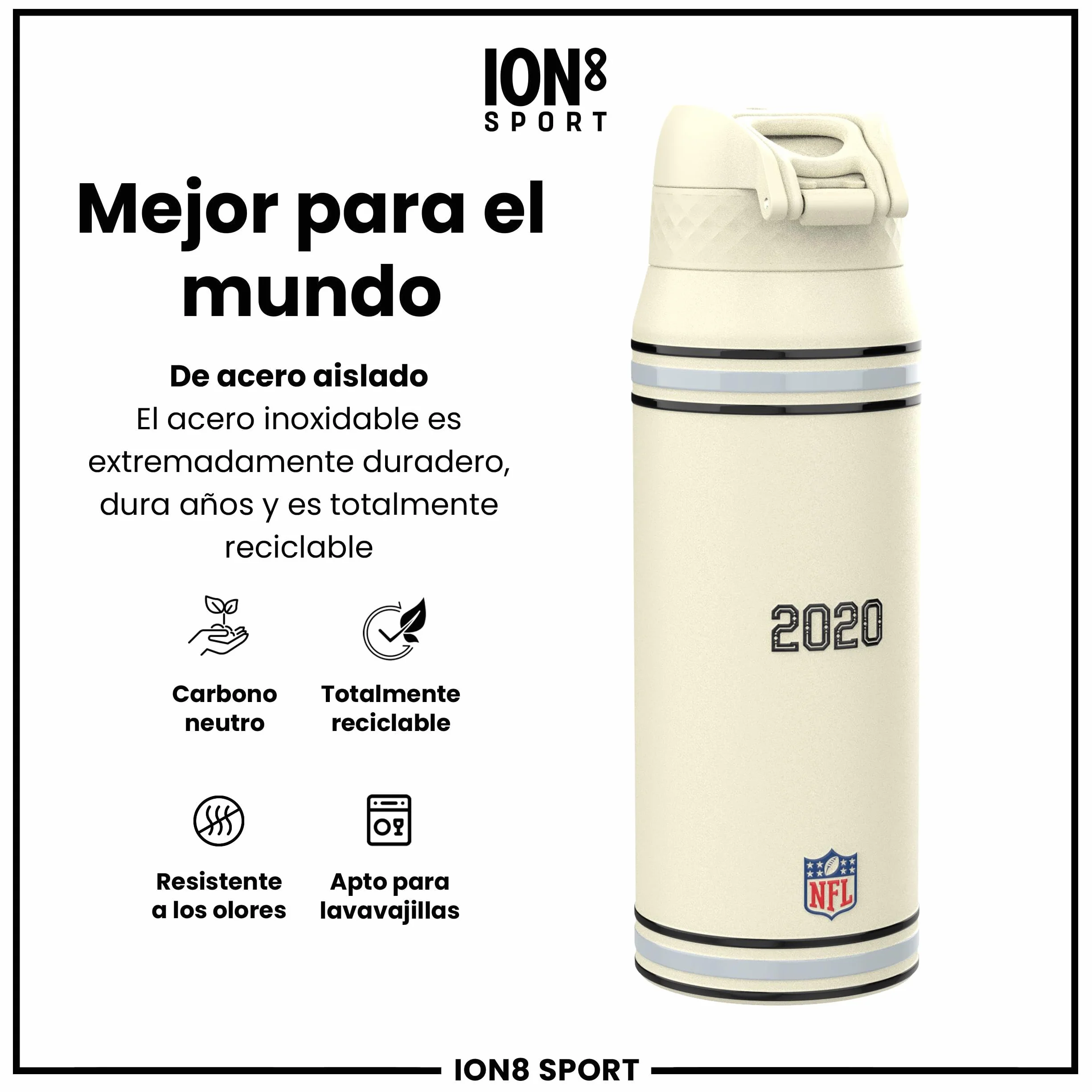 ion8 Botella Acero Inoxidable a Prueba de Fugas, Fácil de Abrir, Cerradura Segura, Asa Transporte, Lavavajillas