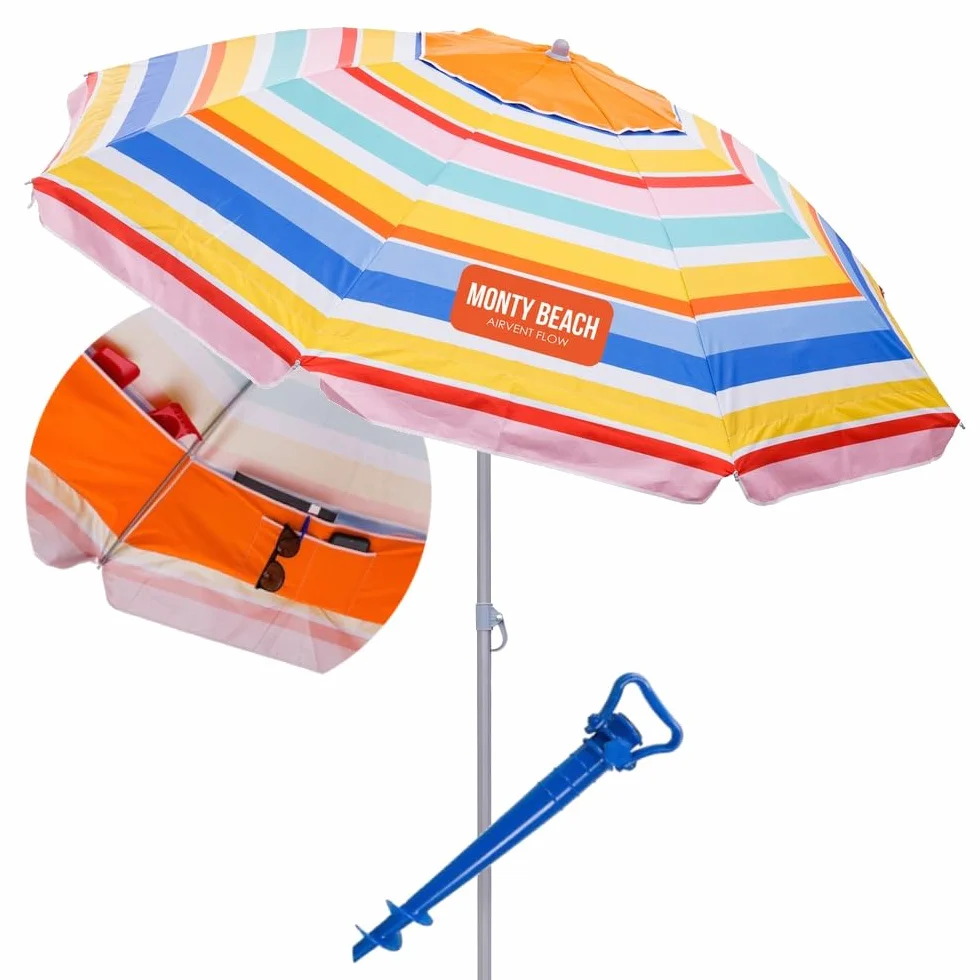 MONTY Sombrilla playa UPF+50 antiviento fibra vidrio mástil inclinable regulable altura