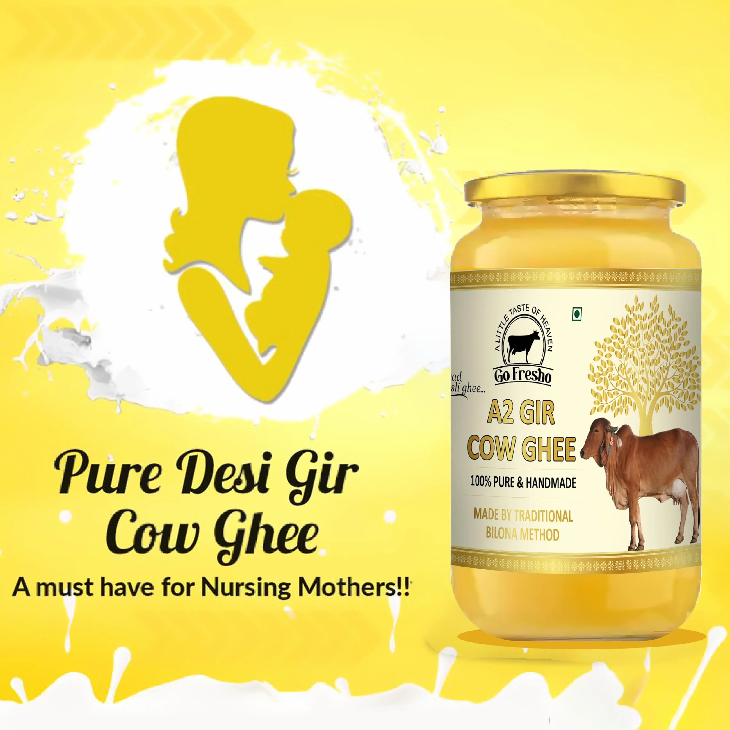 Go Fresho Ghee de vaca Gir A2 | Método Vedic Bilona | Puro, natural y saludable | Botella de vidrio de 1000 ml