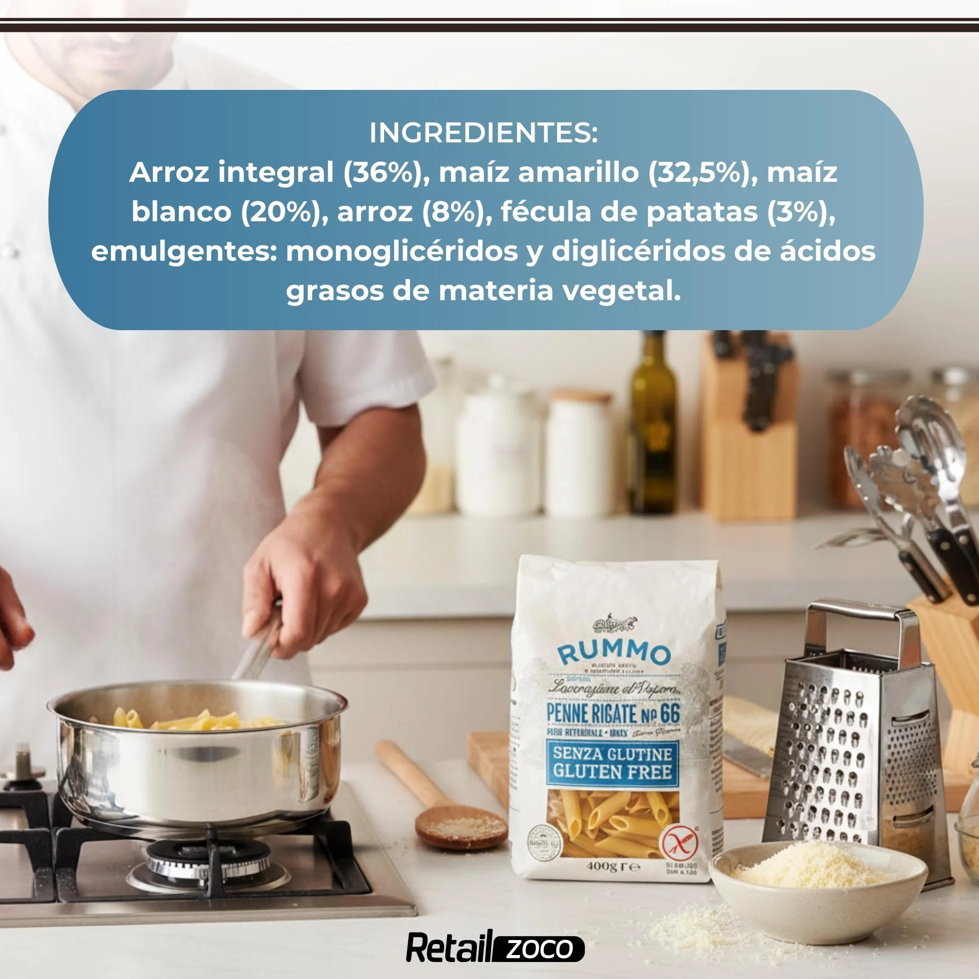 Pasta Rummo Penne Rigate SIN Gluten Nº66, Pasta Italiana, Pasta alimenticia con harina de arroz integral y maíz, Sin gluten, Elaboración lenta, Tiempo de cocción 12 minutos, 6 Paquetes de 400 gr