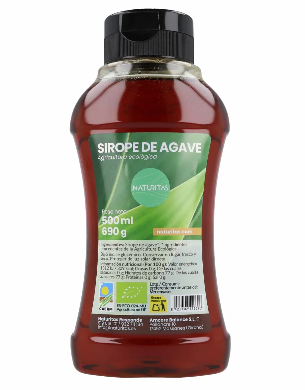 Sirope de agave BIO 100% puro con antigoteo | 690 g | Naturitas Essentials | Sirope de agave Bio 100% puro | Endulzante de bajo índice glucémico | Endulzantes y Mieles