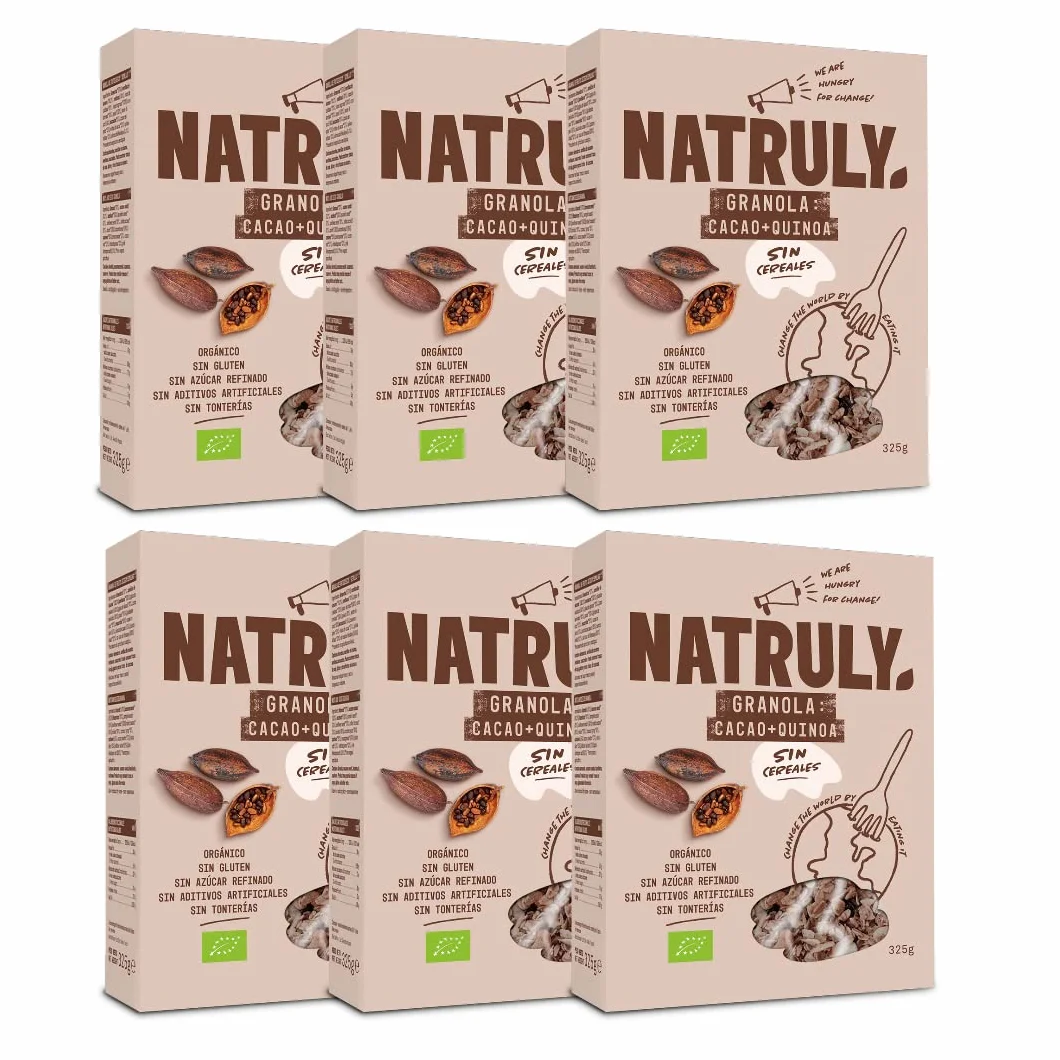 NATRULY Granola BIO Sin Azúcar Refinado, Sin Gluten, Solo Frutos Secos y Semillas, Sin Cereales, Sabor Cacao - Pack 6x325g